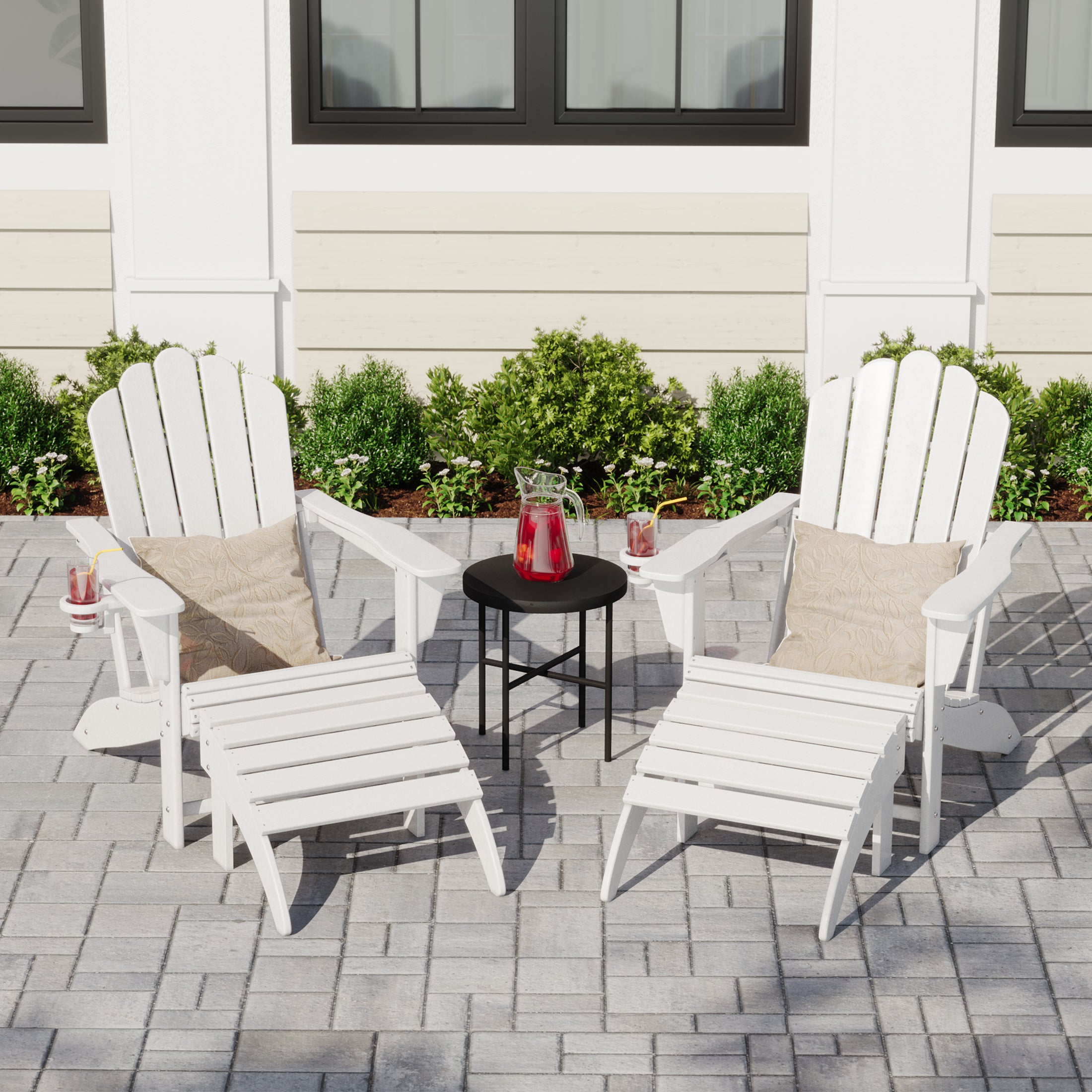 Lakeview 4-Piece Outdoor Patio HDPE Adirondack Chairs With Ottomans and Cup Holder Set