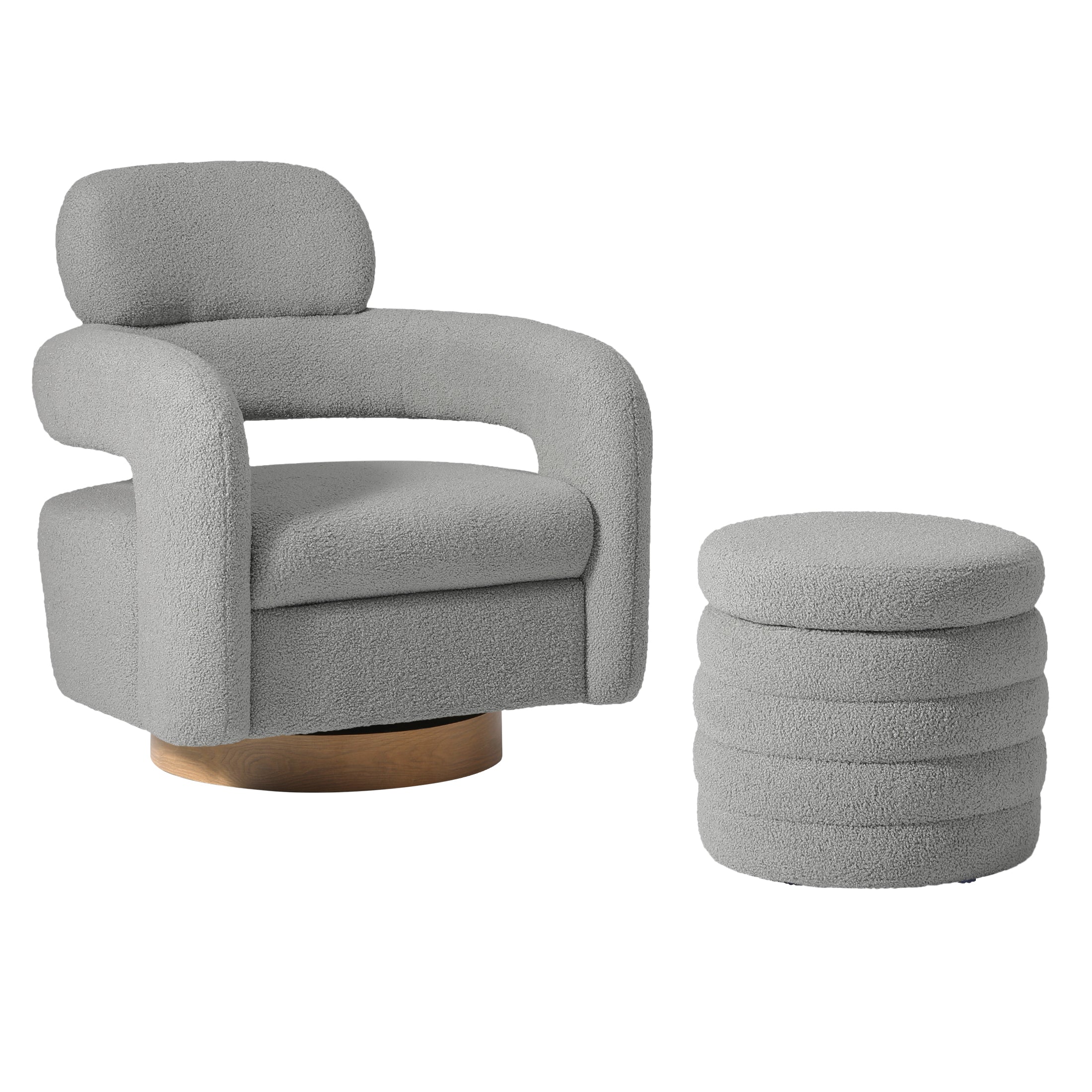 Celine Mid-Century Modern Sherpa Swivel Barrel Accent Chair With Round Storage Ottoman