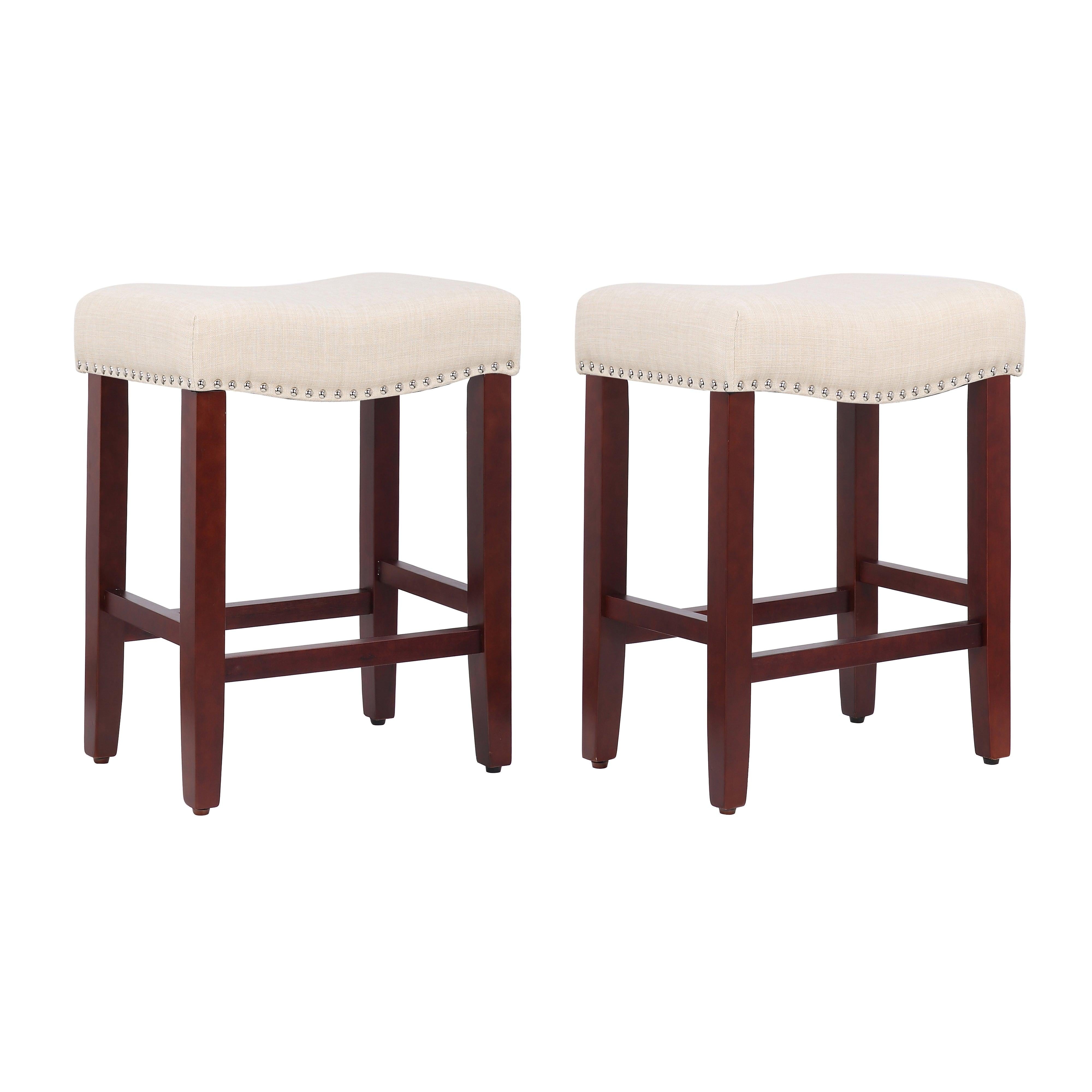 Frankllin 24" Upholstered Saddle Seat Bar Stool (Set of 2), Cherry/Beige