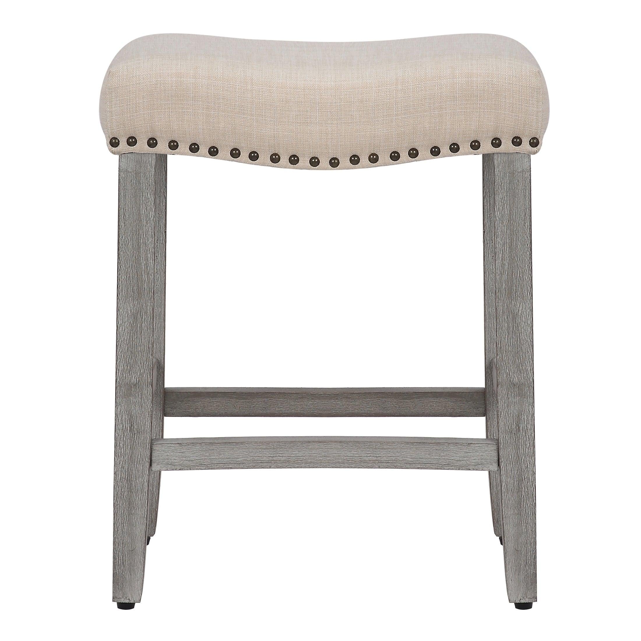 Lindsey 24" Upholstered Saddle Seat Bar Stool (Set of 2), Antique Gray/Beige