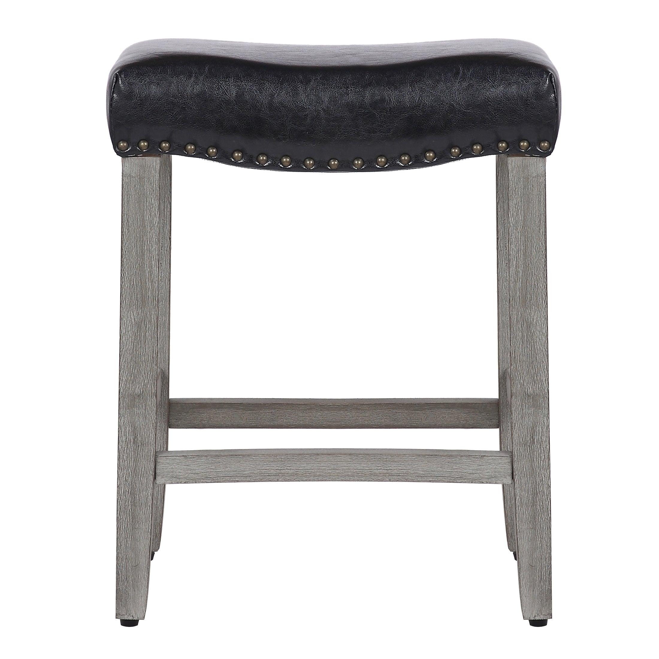 Lindsey 24" Upholstered Saddle Seat Bar Stool (Set of 2), Antique Gray/Leather