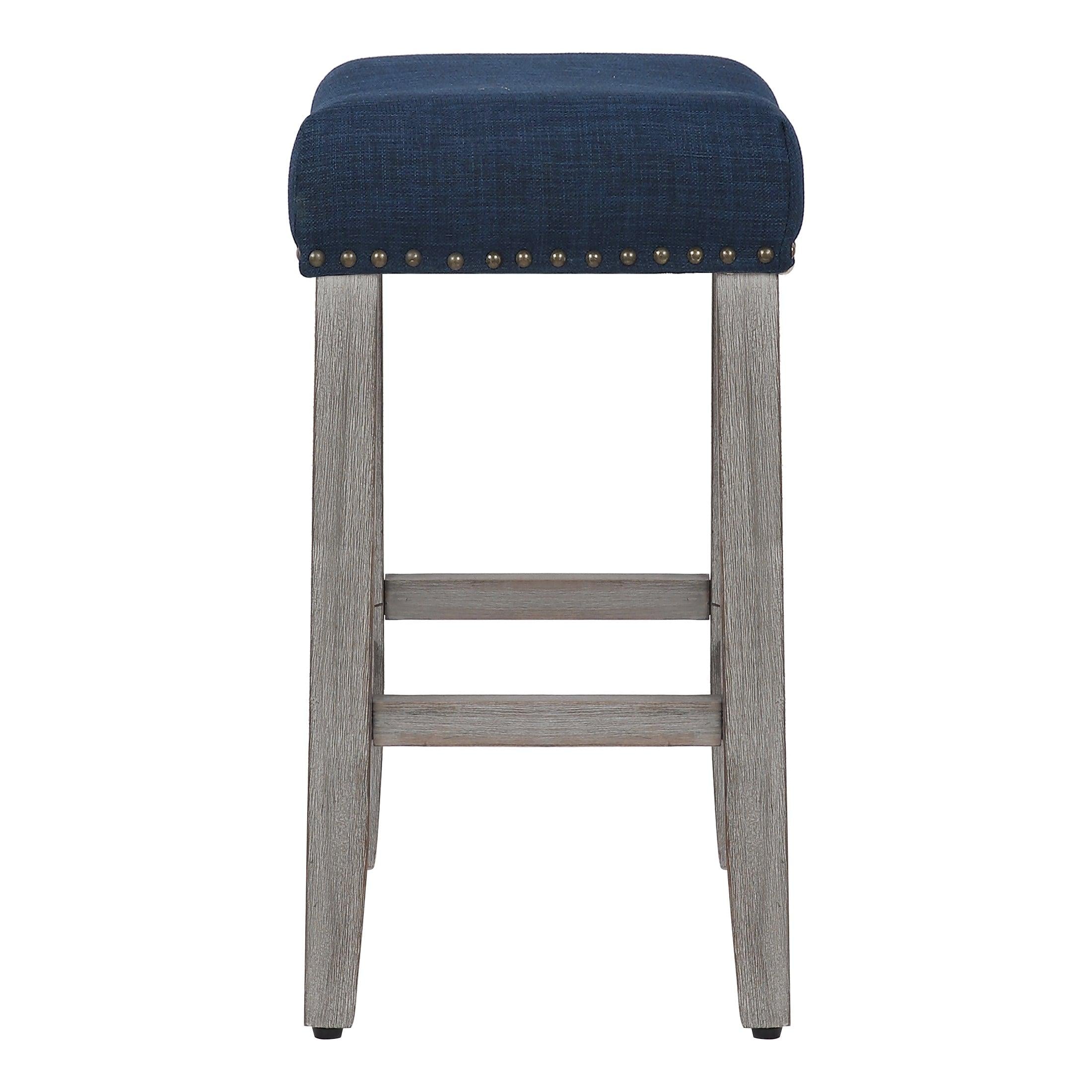 Costaelm 24" Inch Upholstered Saddle Seat Bar Stool, Antique Gray/Navy Blue