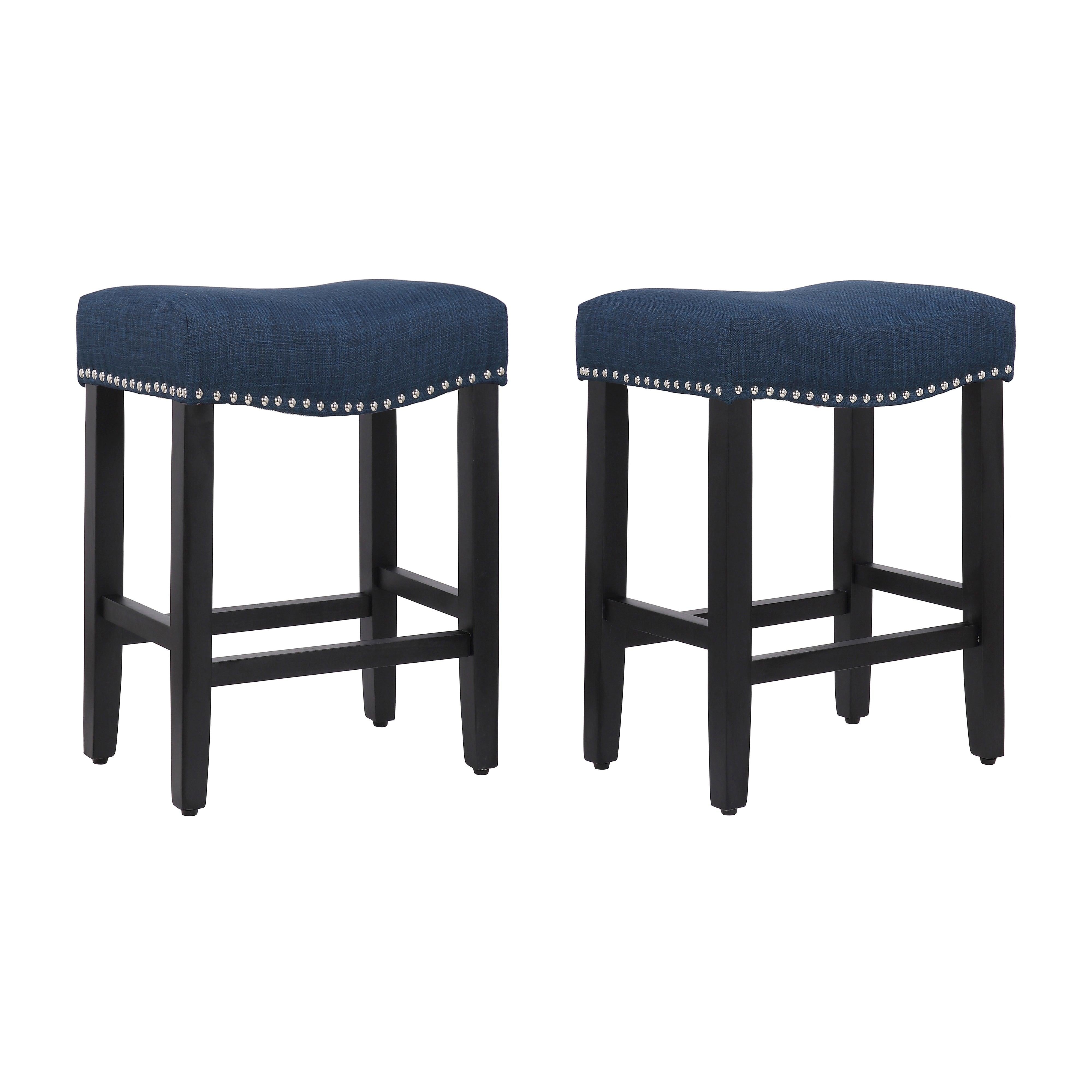 Costaelm 24" Inch Upholstered Saddle Seat Bar Stool (Set of 2), Black/Navy Blue