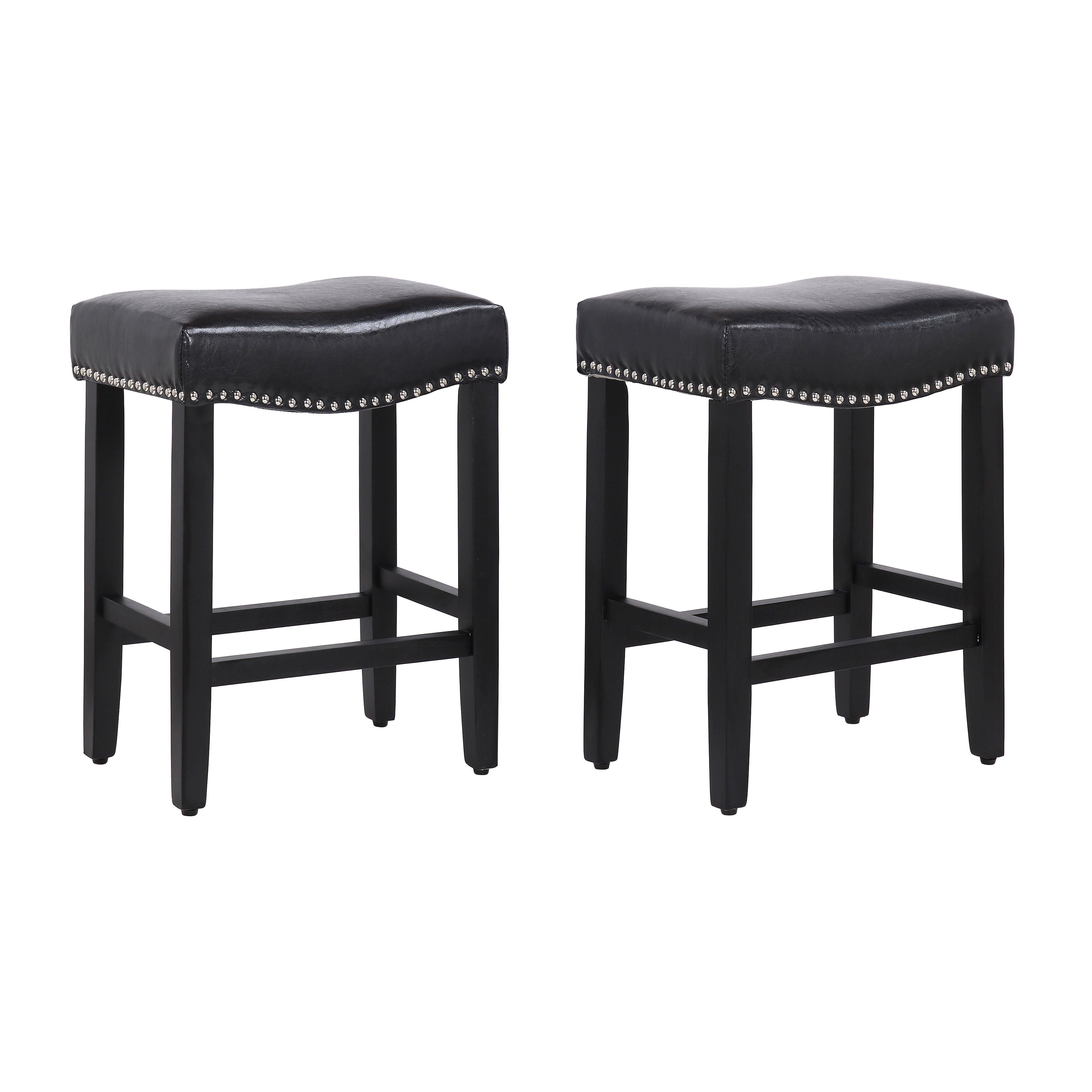 Costaelm 24" Inch Upholstered Saddle Seat Bar Stool (Set of 2), Black/Leather