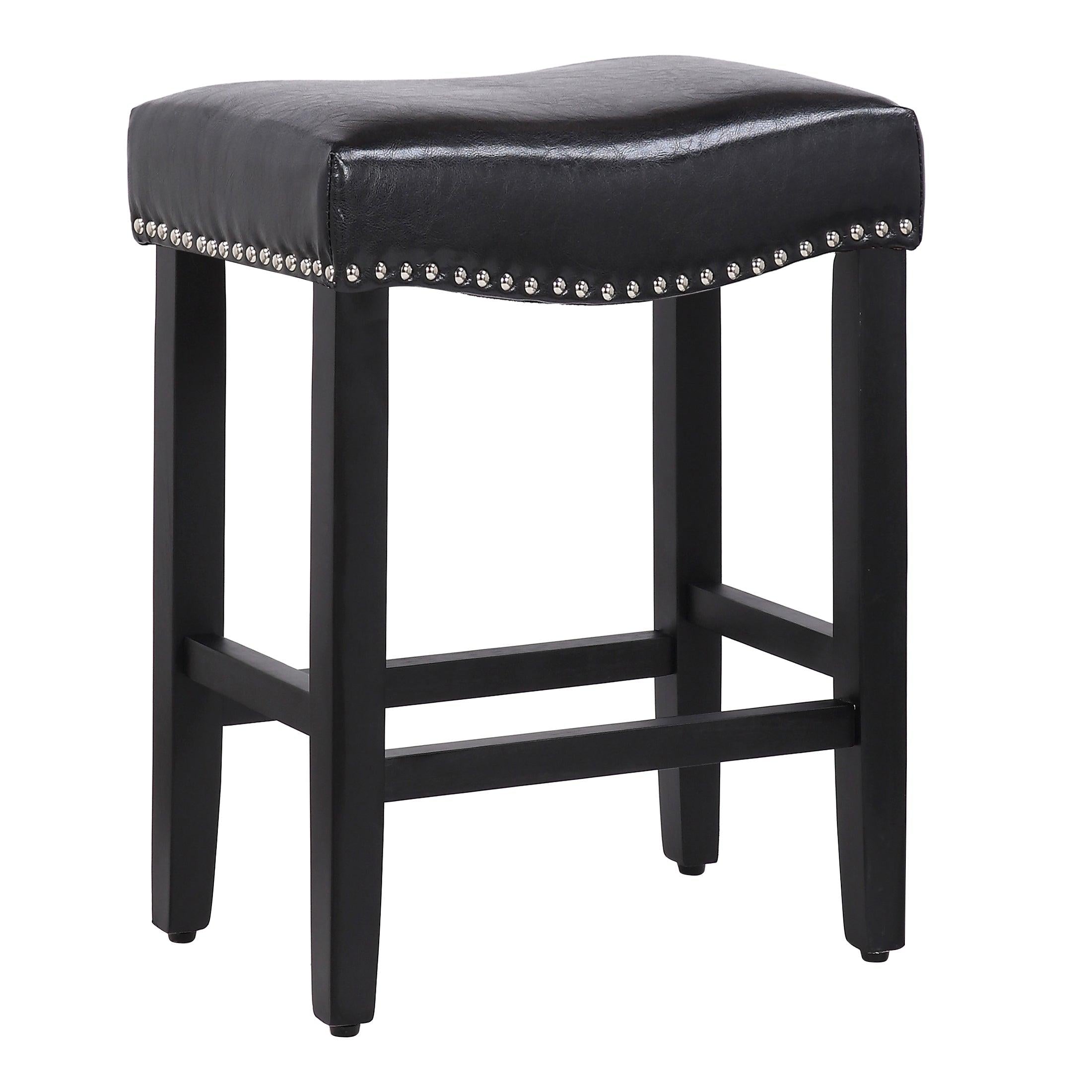 Costaelm 24" Inch Upholstered Saddle Seat Bar Stool (Set of 2), Black/Leather