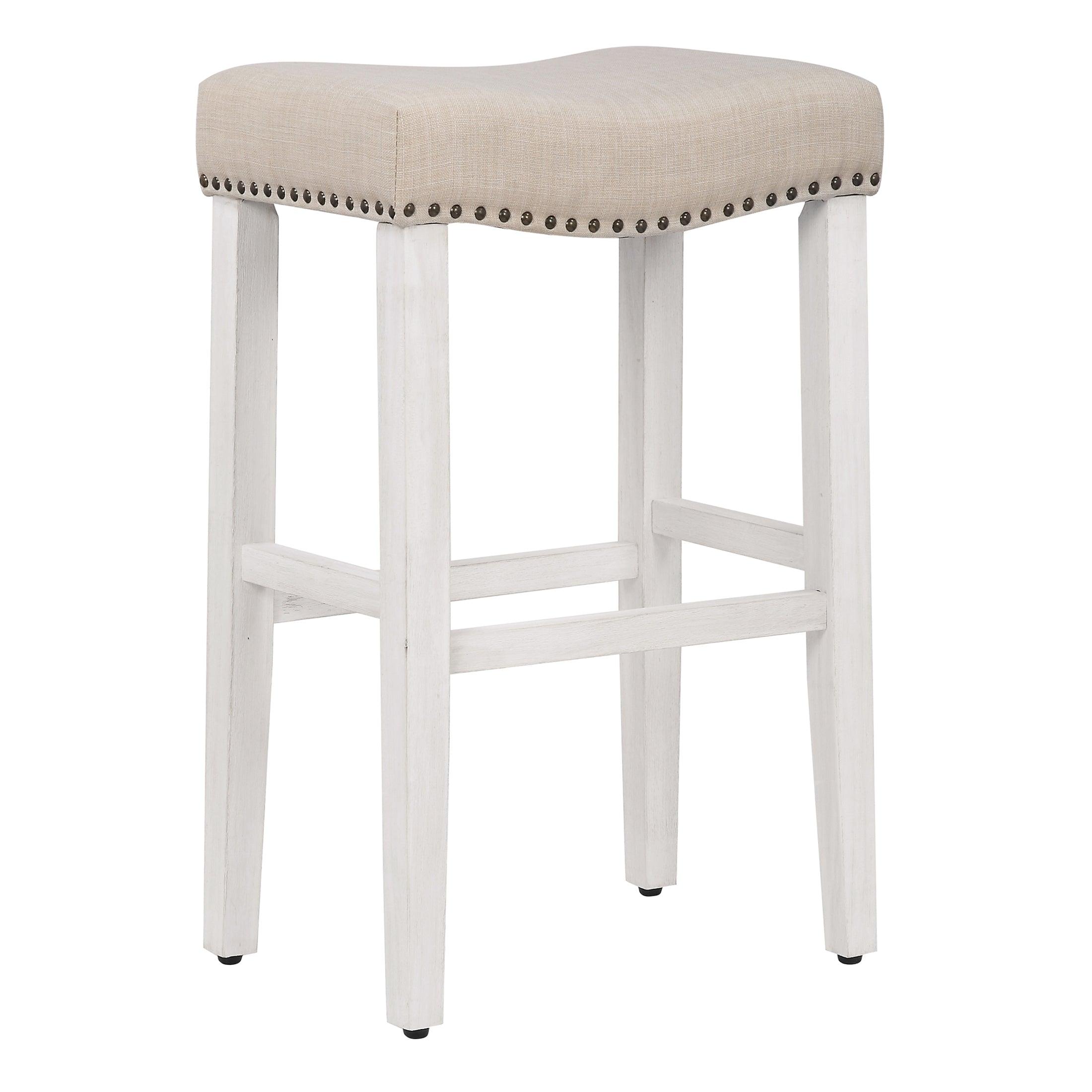 Willow 29" Upholstered Saddle Seat Bar Stool, Antique White/Beige