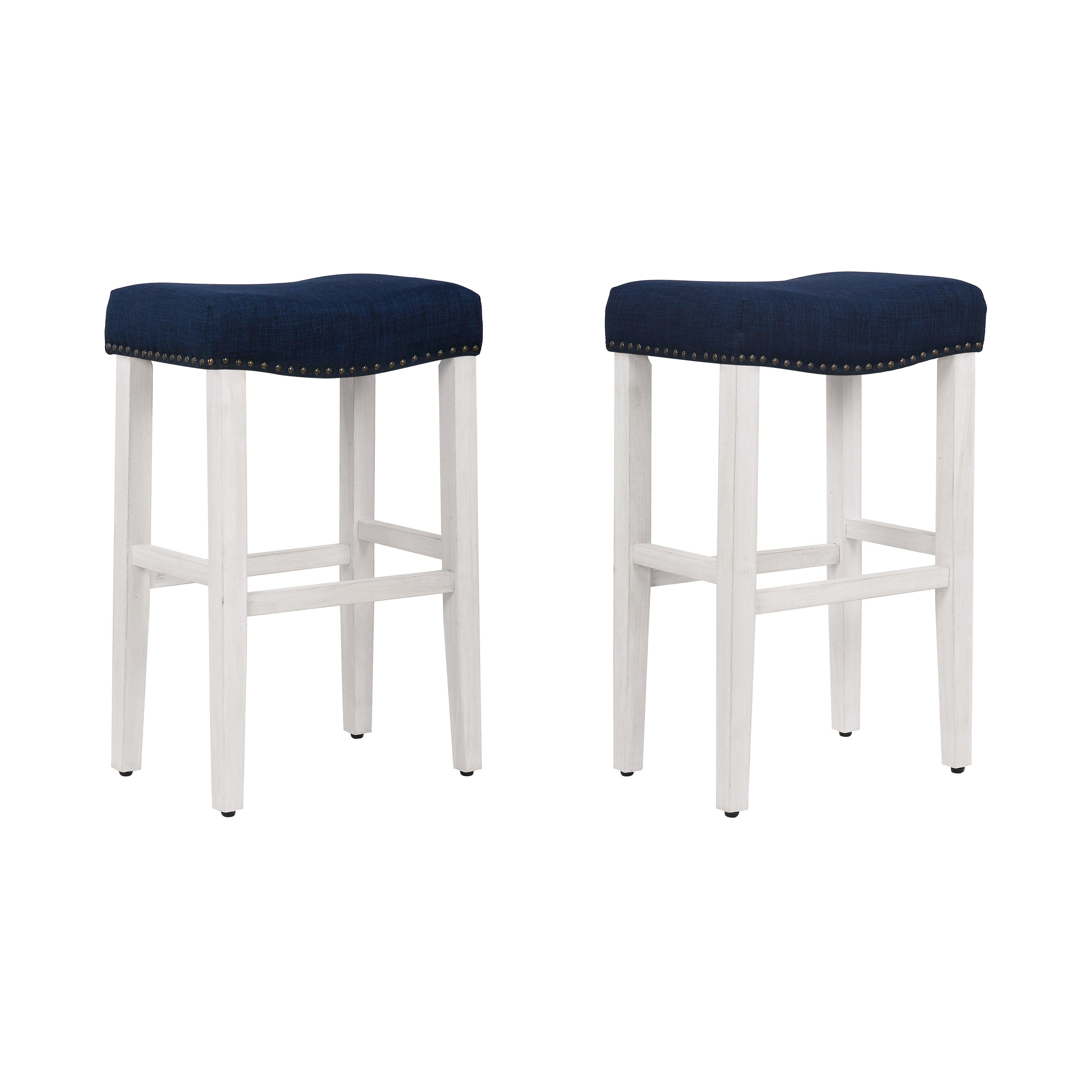 Costaelm 29" Inch Upholstered Saddle Seat Counter Stool (Set of 2), Antique White/Navy Blue