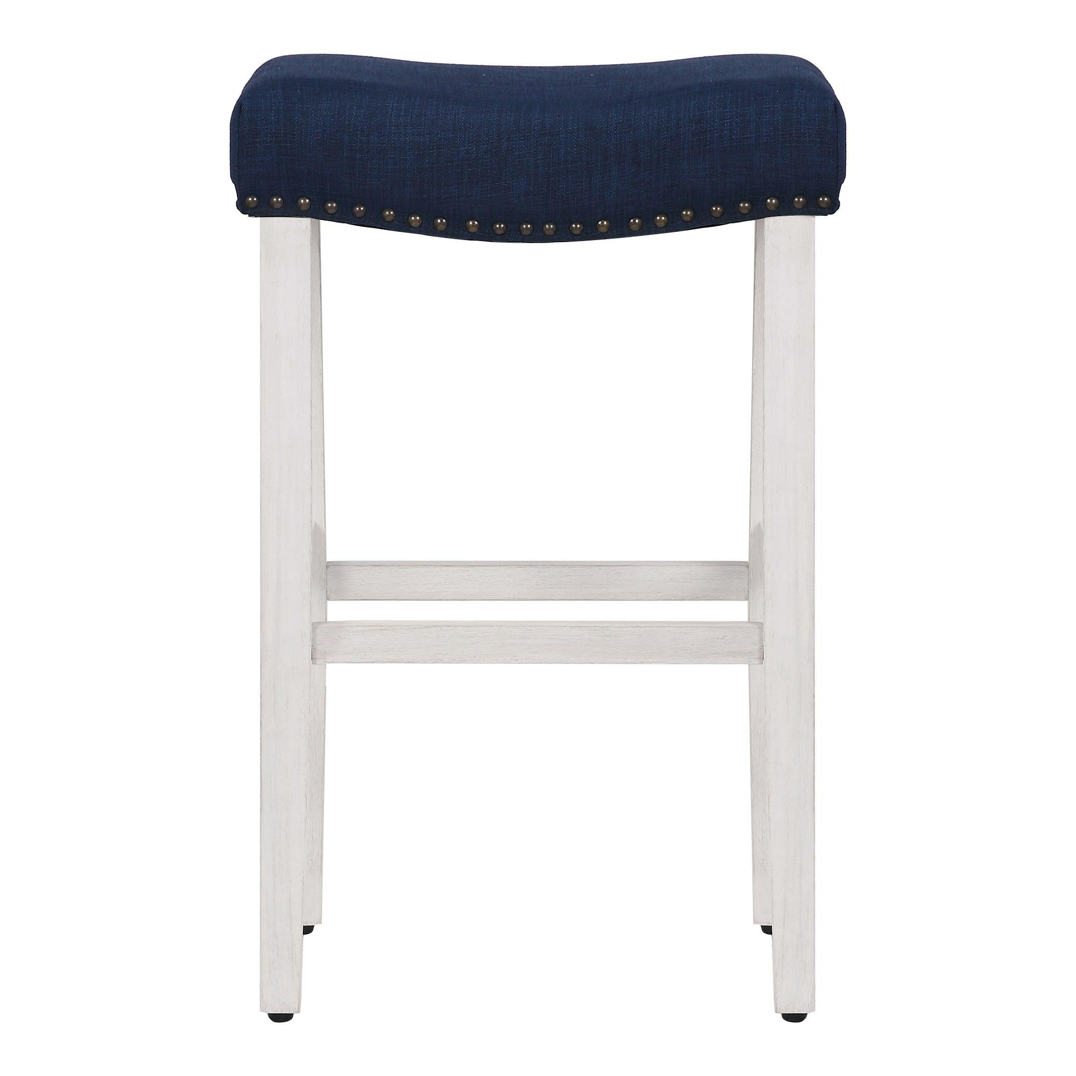 Costaelm 29" Inch Upholstered Saddle Seat Counter Stool (Set of 2), Antique White/Navy Blue