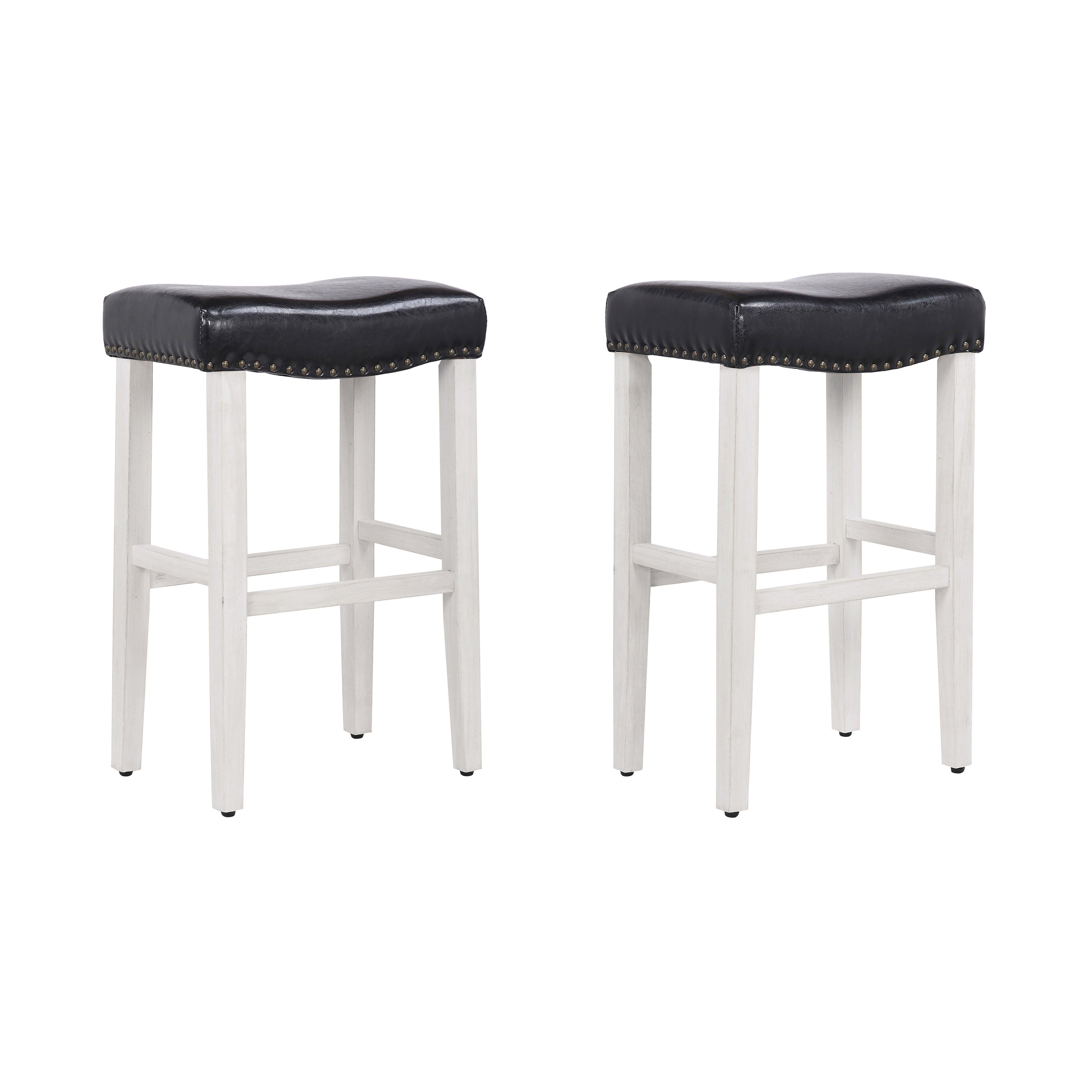 Costaelm 29" Inch Upholstered Saddle Seat Counter Stool (Set of 2), Antique White/Leather