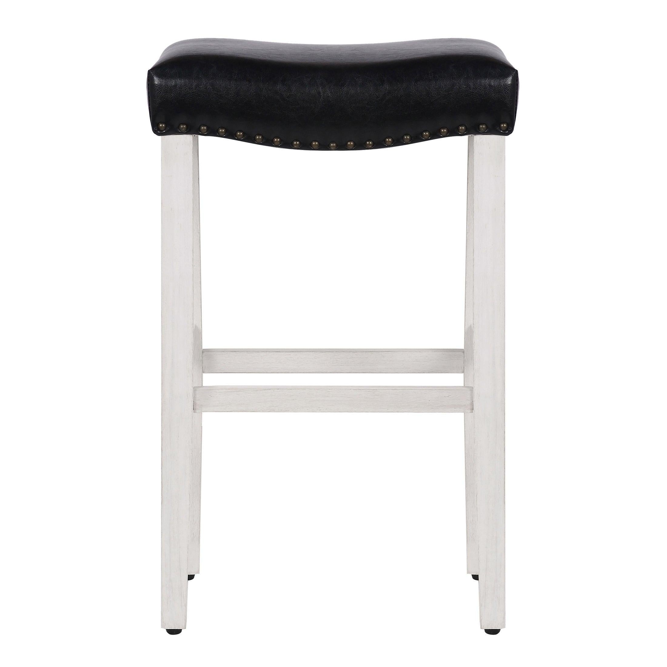 Costaelm 29" Inch Upholstered Saddle Seat Counter Stool (Set of 2), Antique White/Leather