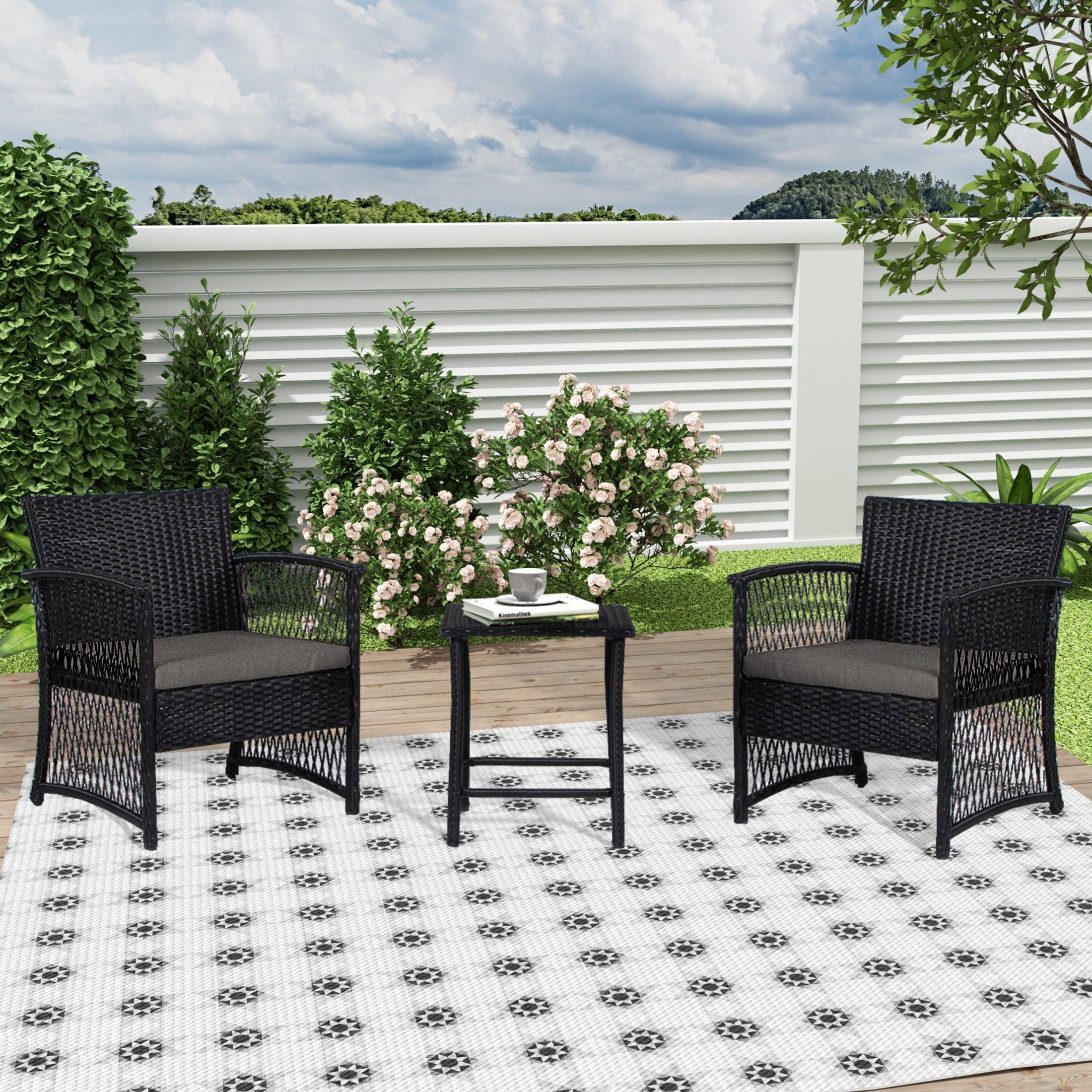 Bistro 3-Piece Patio Conversation Set Black PE Rattan Wicker - Costaelm