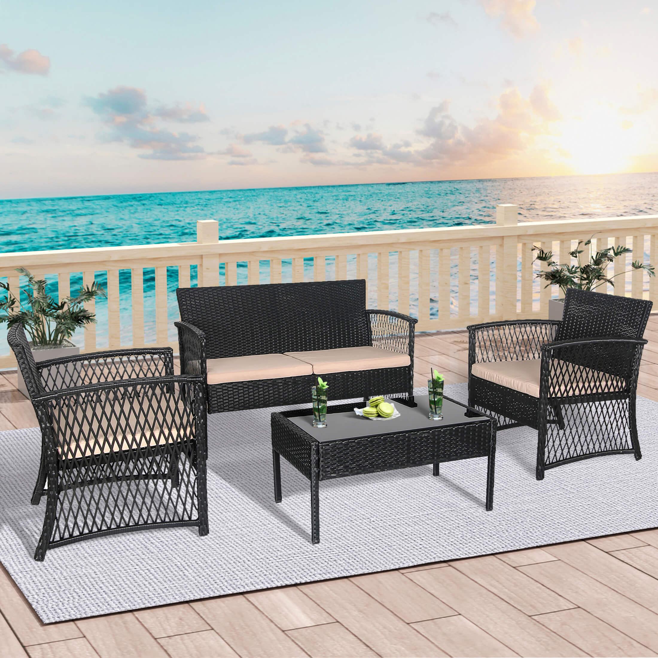 Costa 4-Piece Outdoor Patio Conversation Set Black PE Rattan Wicker - Costaelm