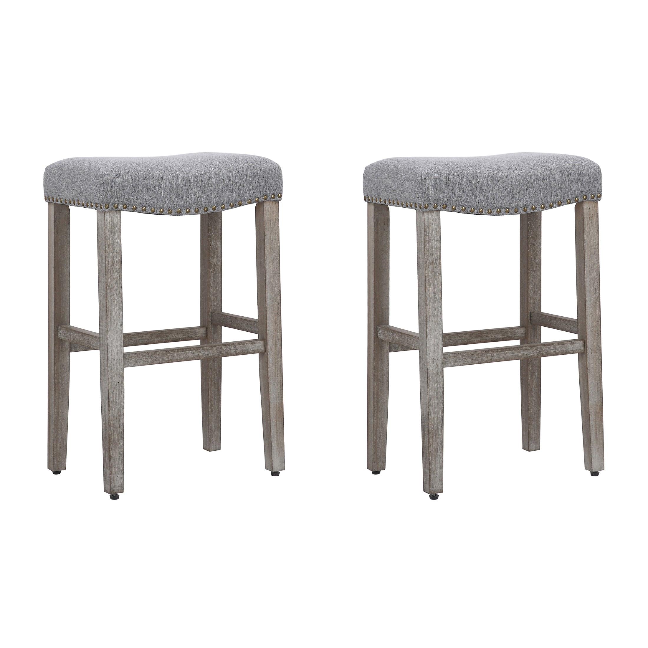 Lindsey 29" Upholstered Saddle Seat Bar Stool (Set of 2), Antique Gray/Gray