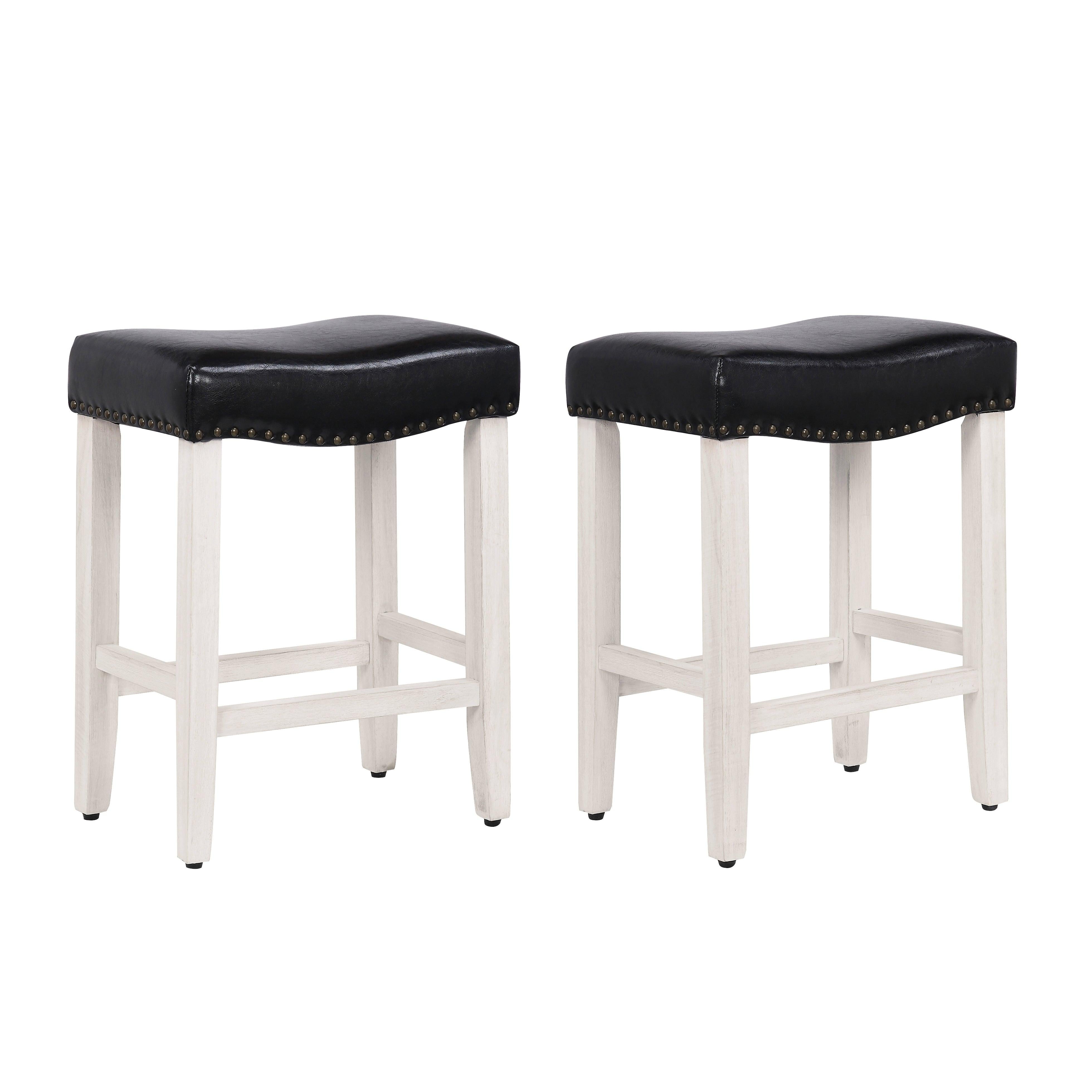 Costaelm 24" Inch Upholstered Saddle Seat Bar Stool (Set of 2), Antique White/Leather