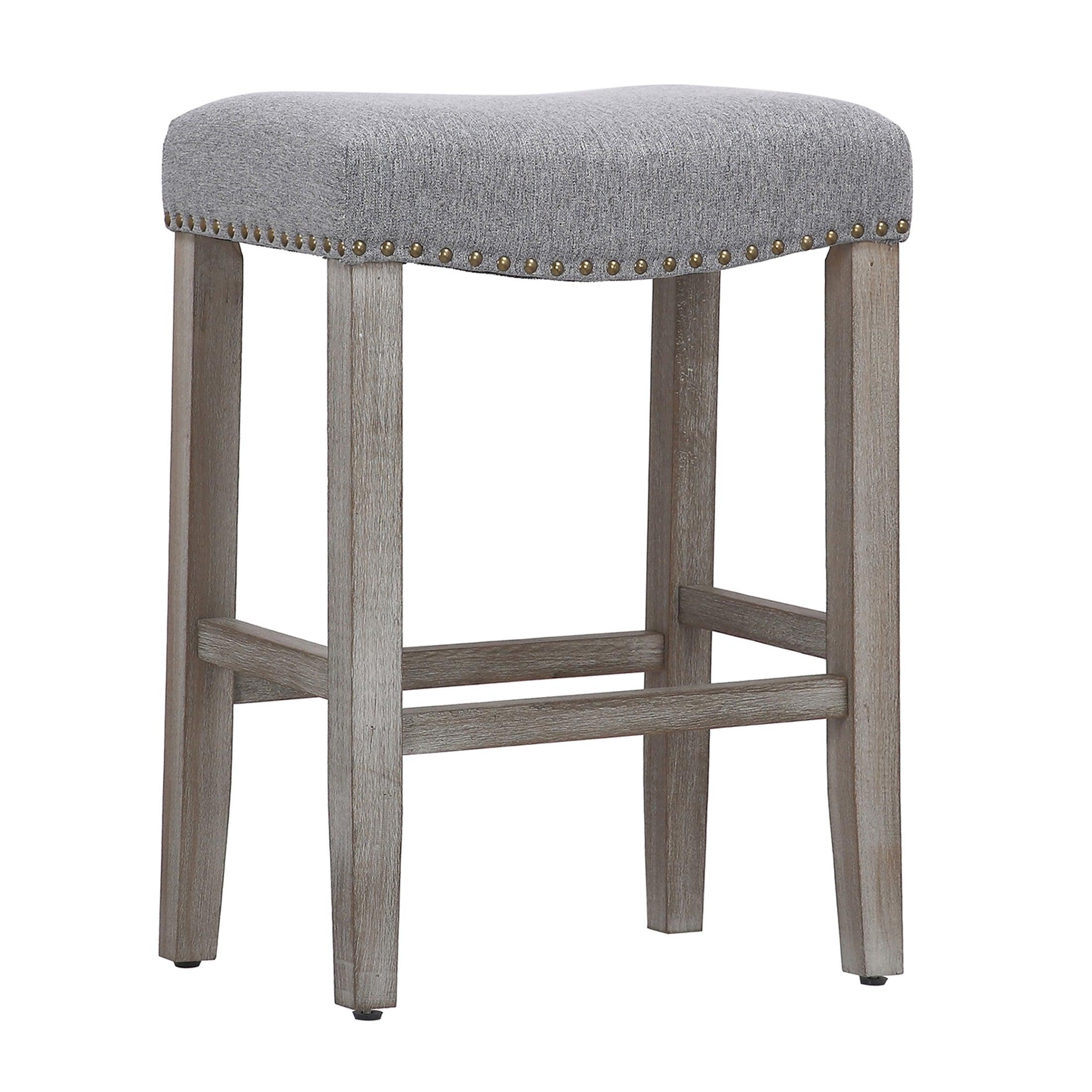 Lindsey 24" Upholstered Saddle Seat Bar Stool (Set of 2), Antique Gray/Gray