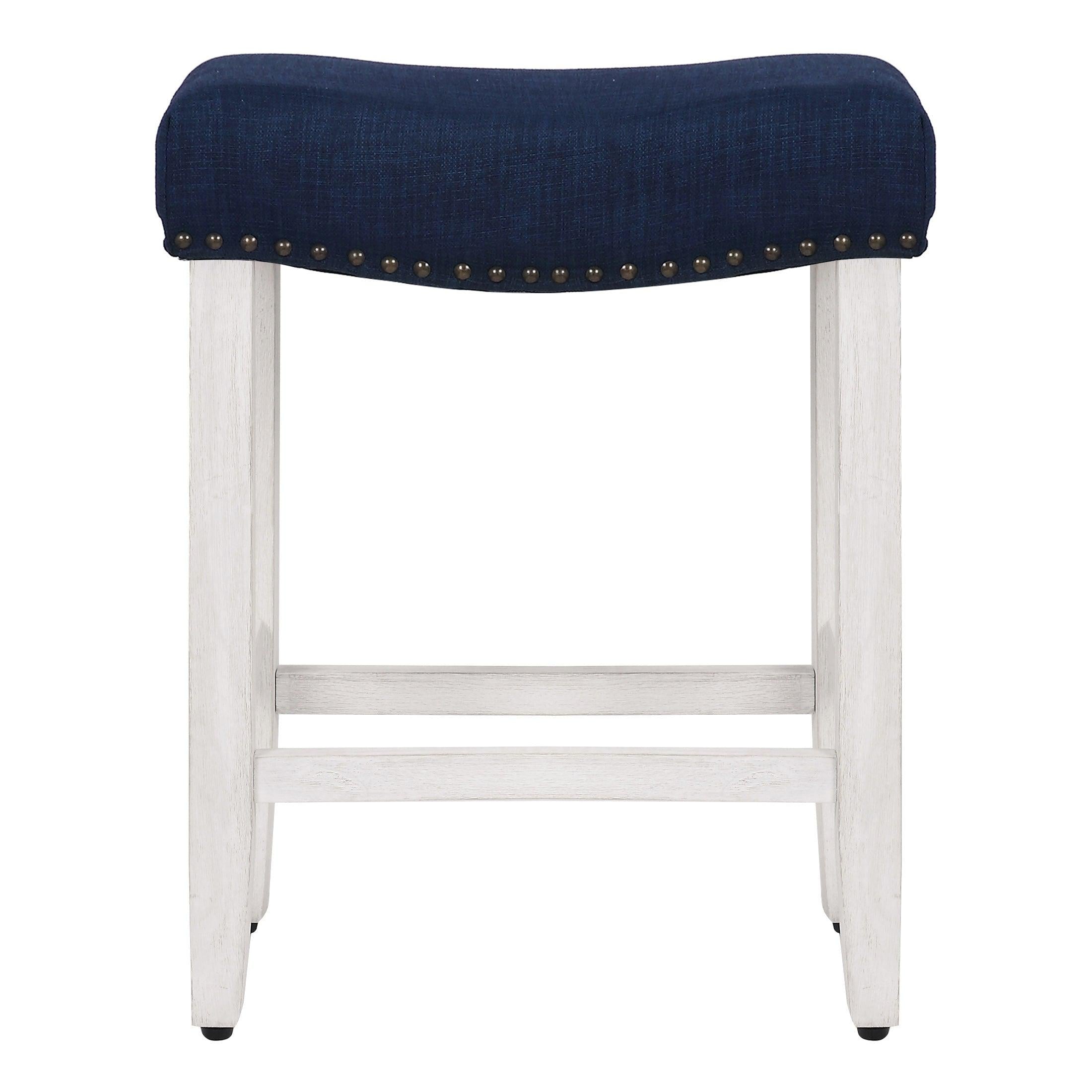 Costaelm 24" Inch Upholstered Saddle Seat Bar Stool (Set of 2), Antique White/Navy Blue