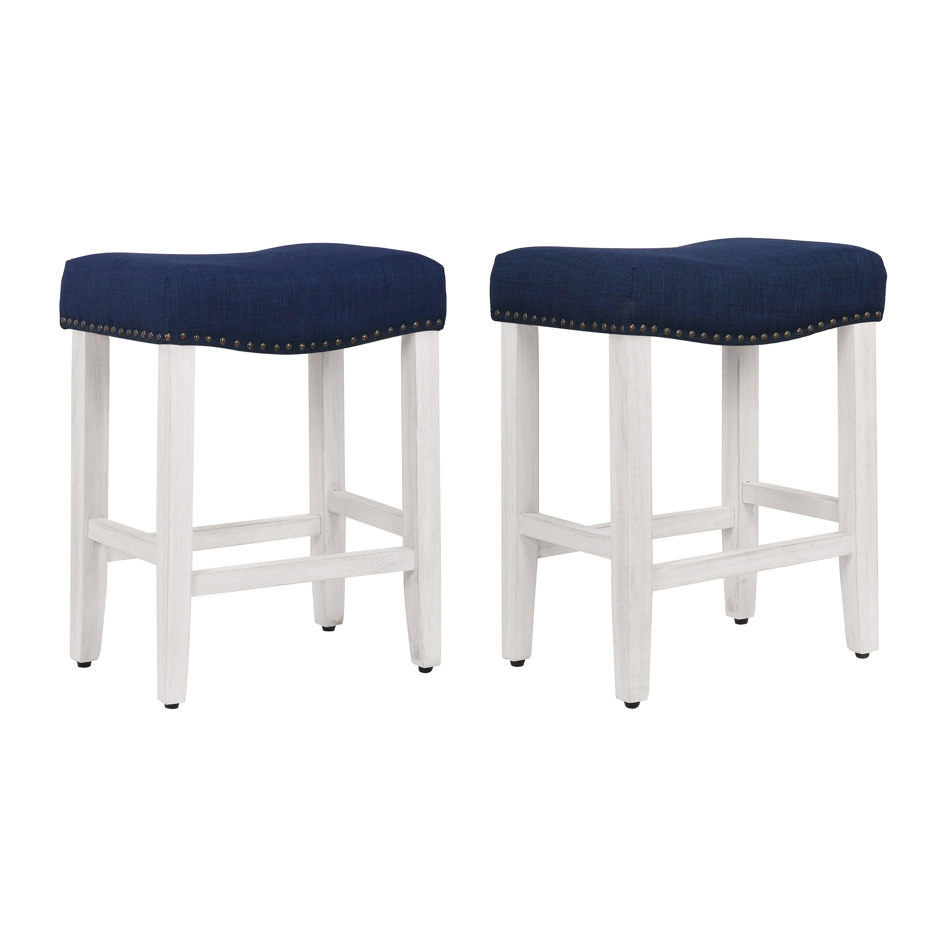 Costaelm 24" Inch Upholstered Saddle Seat Bar Stool (Set of 2), Antique White/Navy Blue