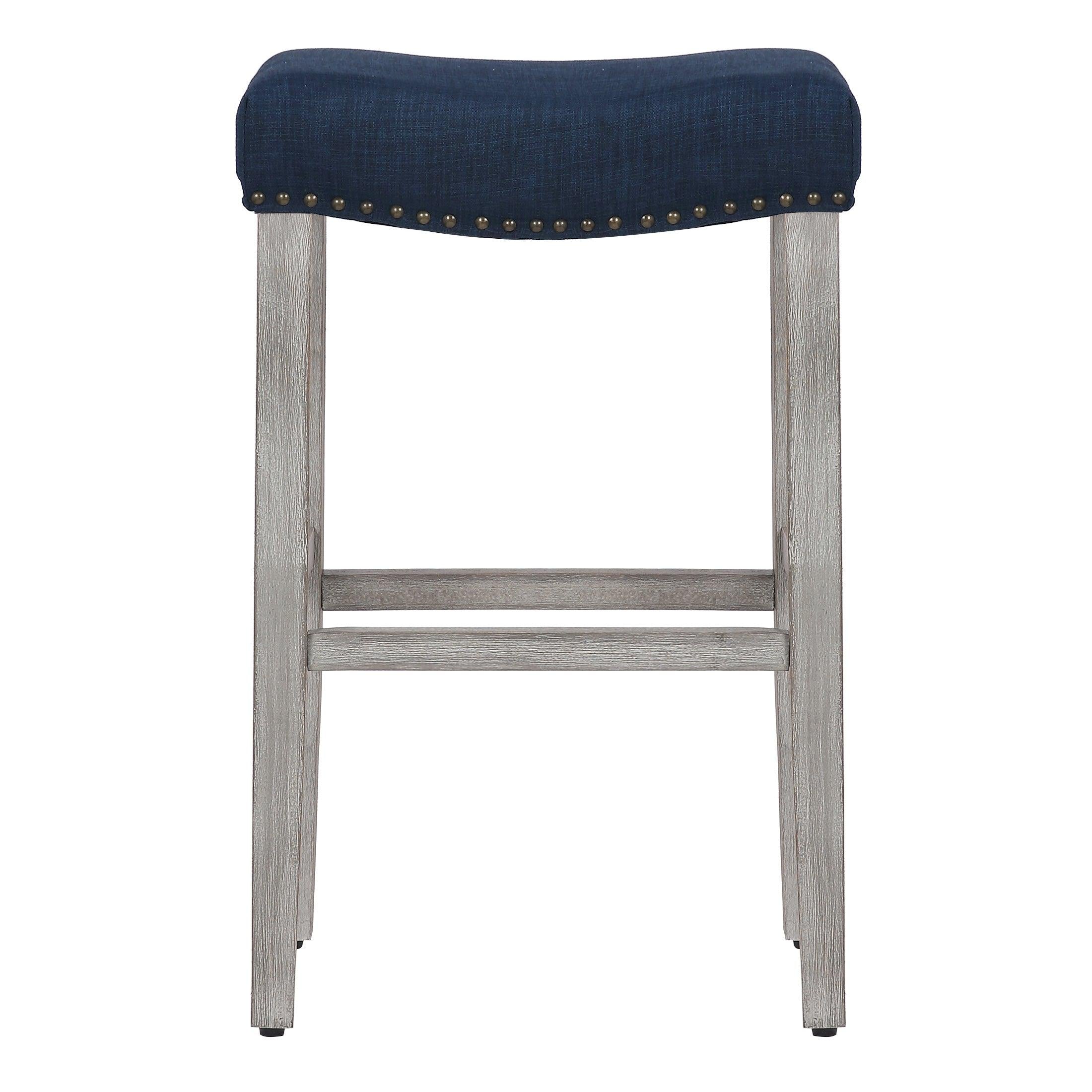 Lindsey 29" Upholstered Saddle Seat Bar Stool (Set of 2), Antique Gray/Navy Blue