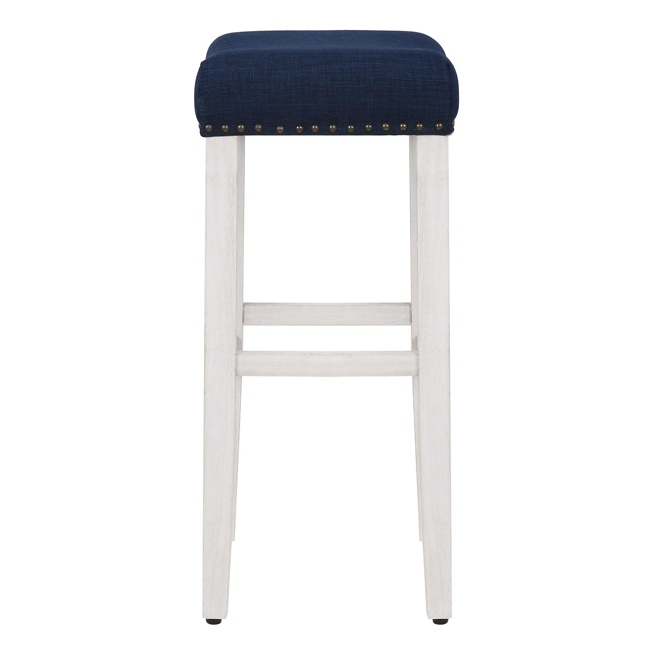 Willow 29" Upholstered Saddle Seat Bar Stool, Antique White/Navy Blue