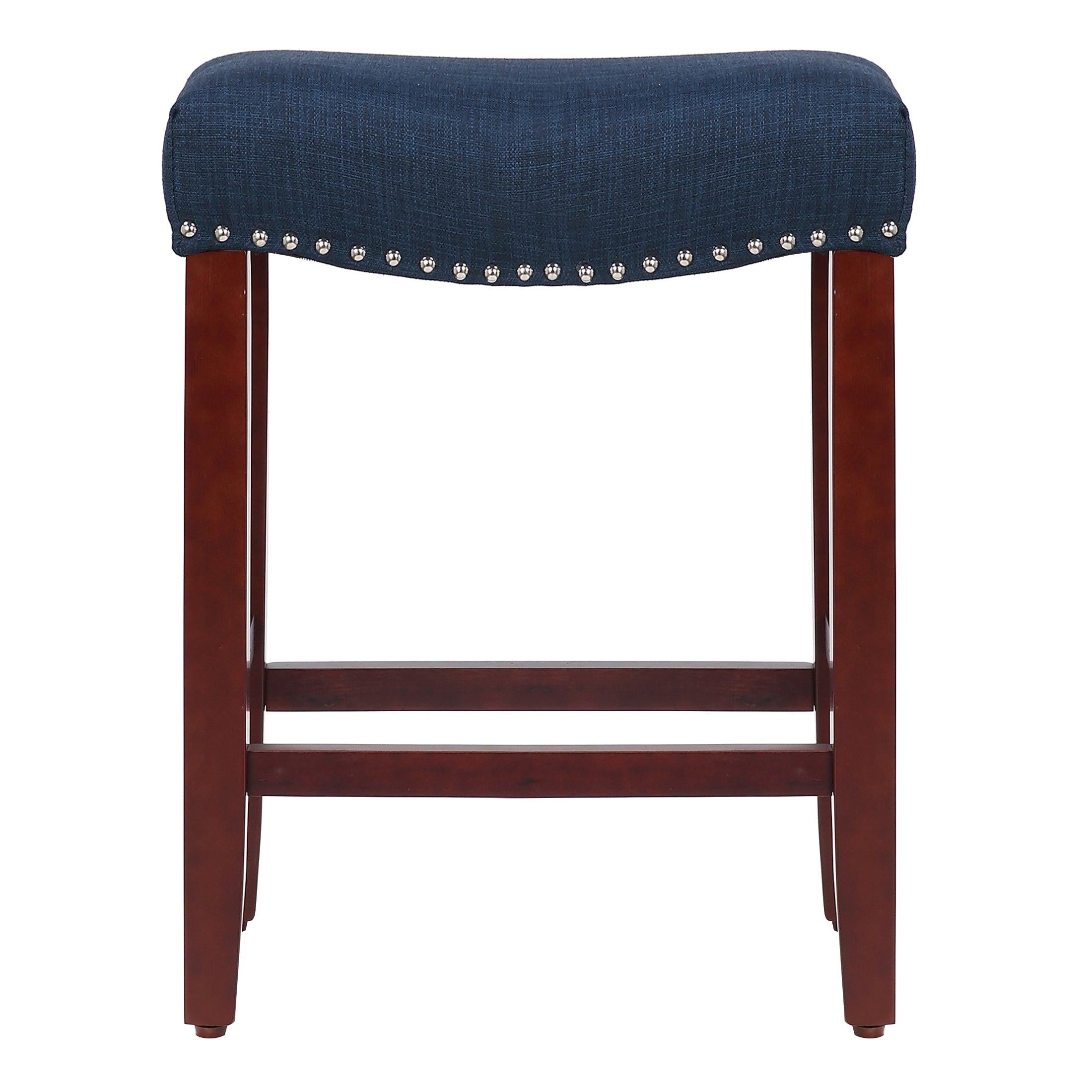 Frankllin 24" Upholstered Saddle Seat Bar Stool (Set of 2), Cherry/Navy Blue