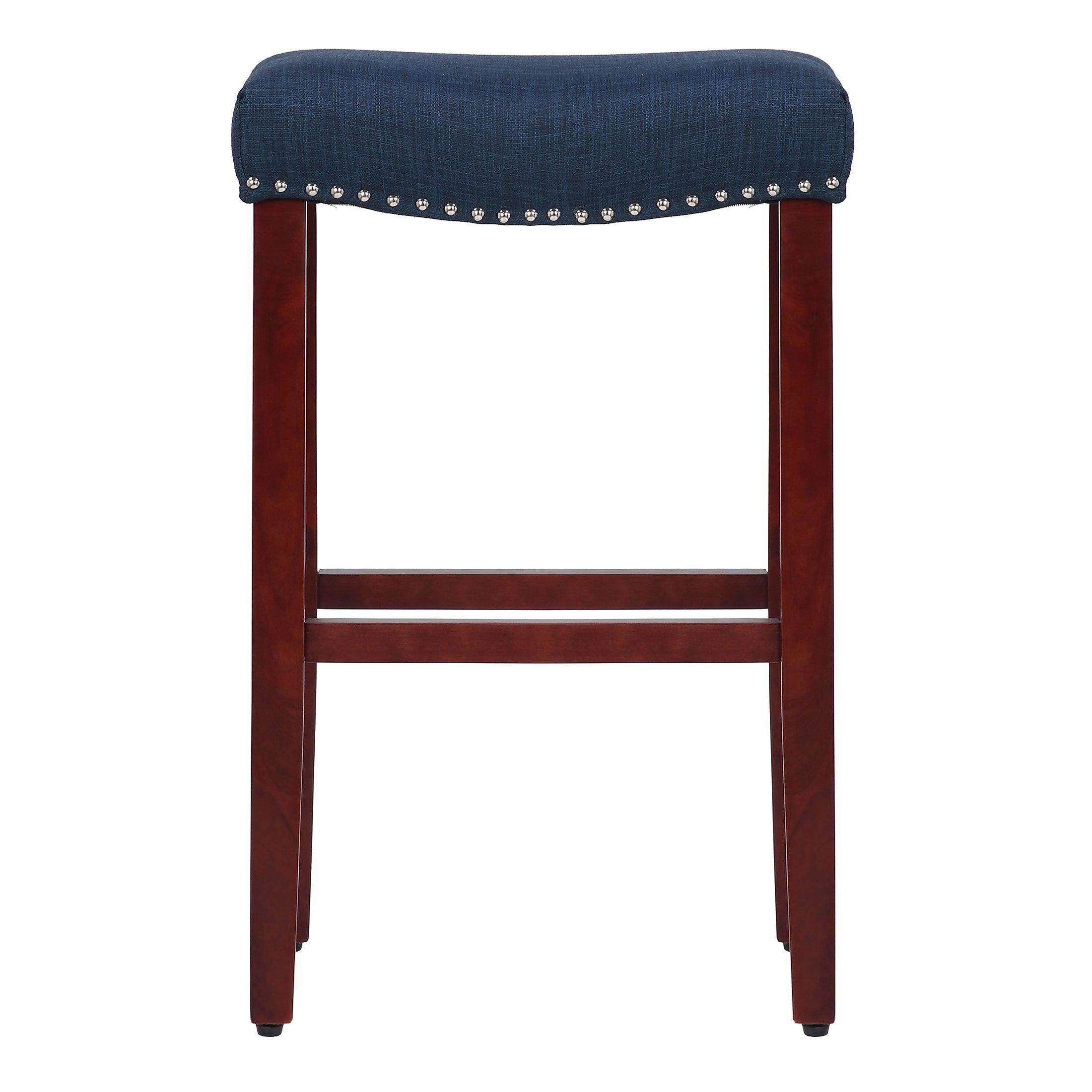 Frankllin 29" Upholstered Saddle Seat Counter Stool (Set of 2), Cherry/Navy Blue