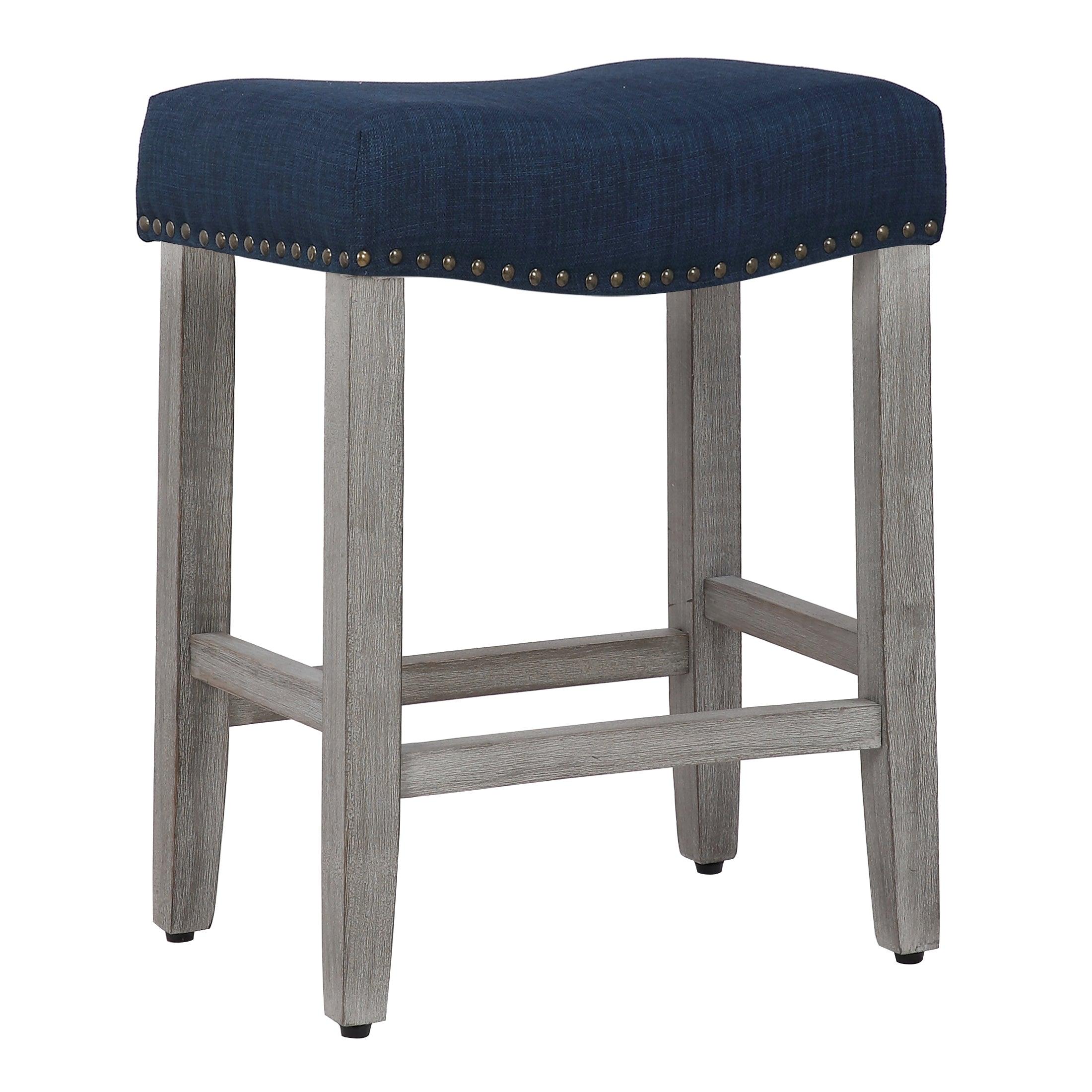 Lindsey 24" Upholstered Saddle Seat Bar Stool (Set of 2), Antique Gray/Navy Blue