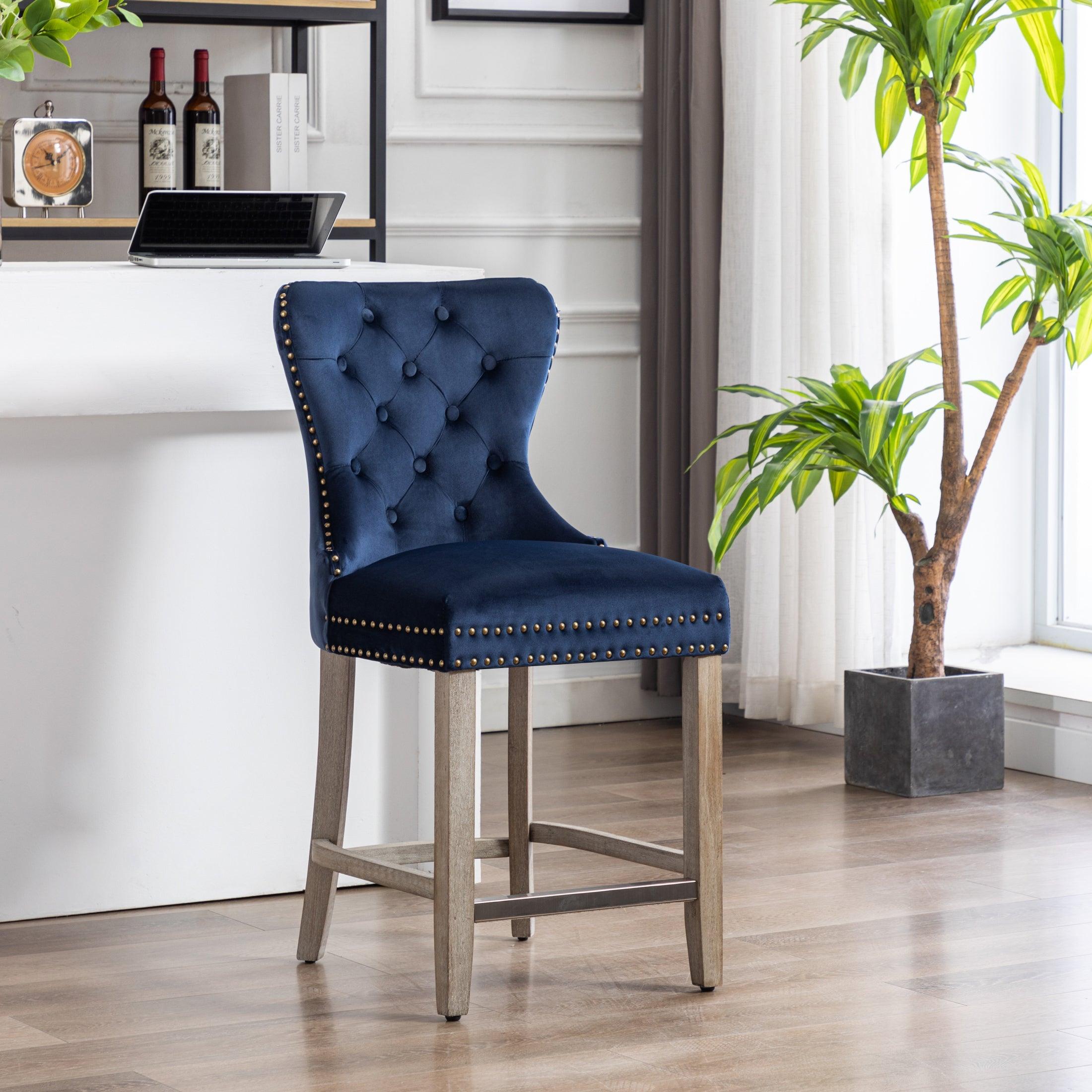 Hank 24" Tufted Velvet Bar Stool, Antique Gray/Velvet Navy Blue