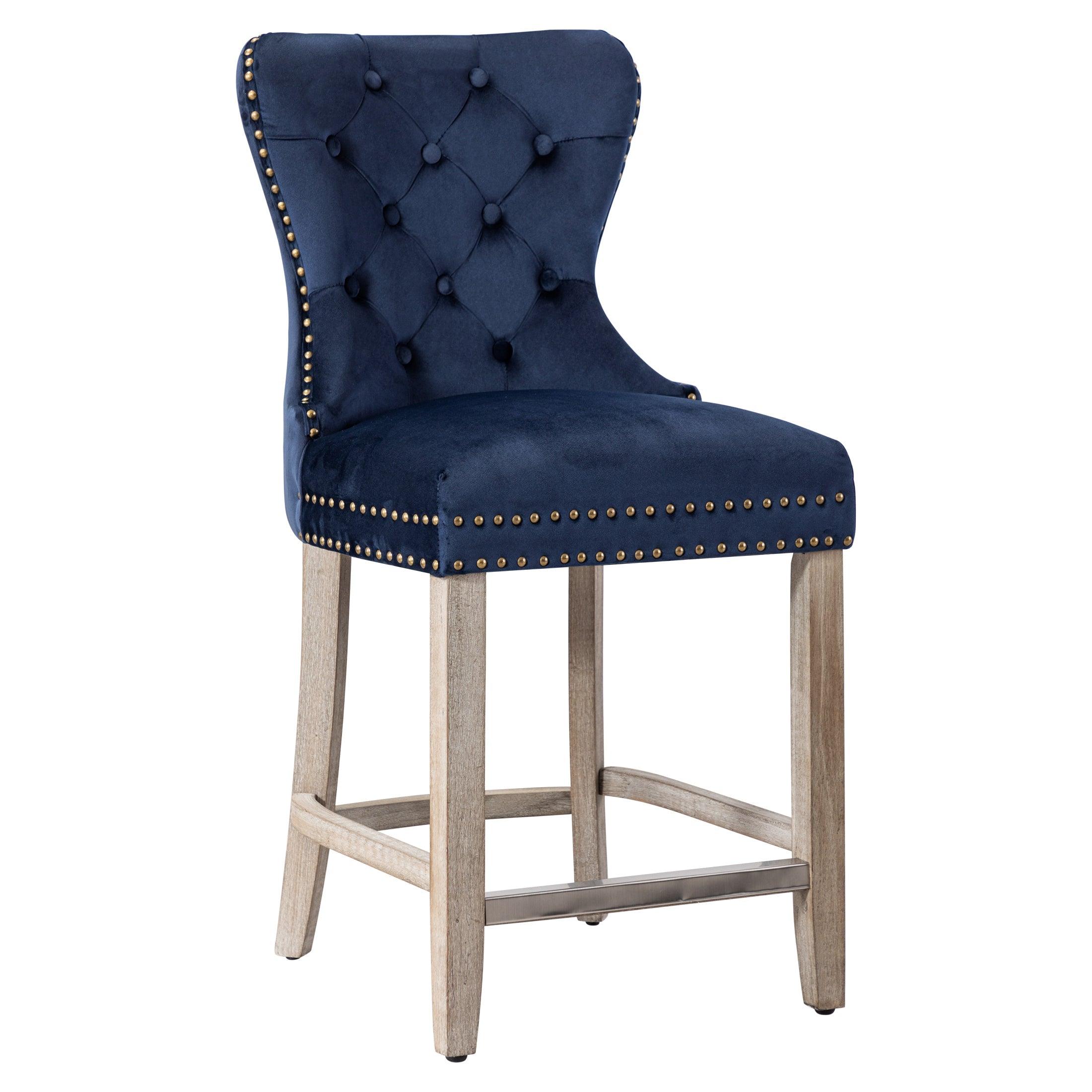 Hank 24" Tufted Velvet Bar Stool, Antique Gray/Velvet Navy Blue