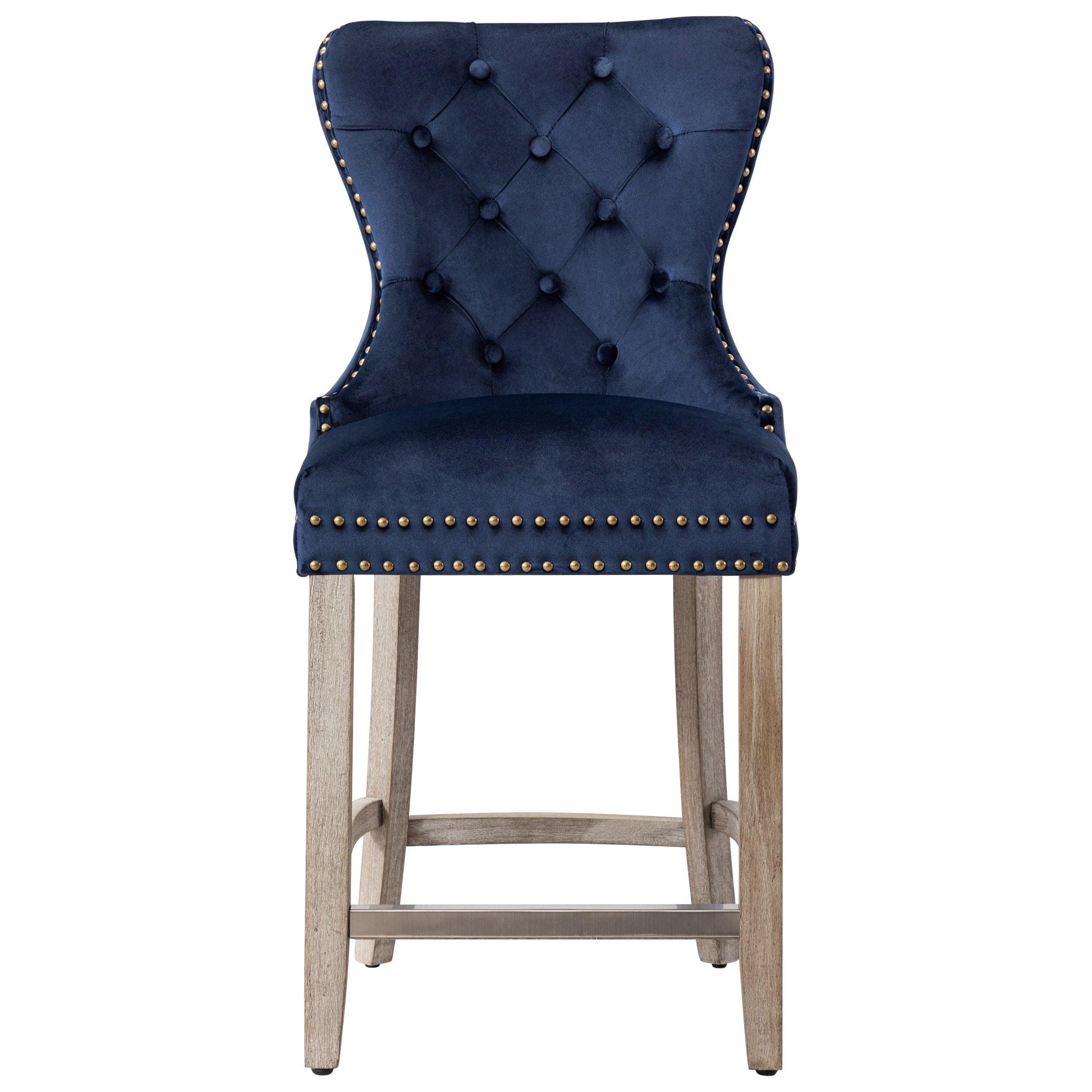 Hank 24" Tufted Velvet Bar Stool, Antique Gray/Velvet Navy Blue