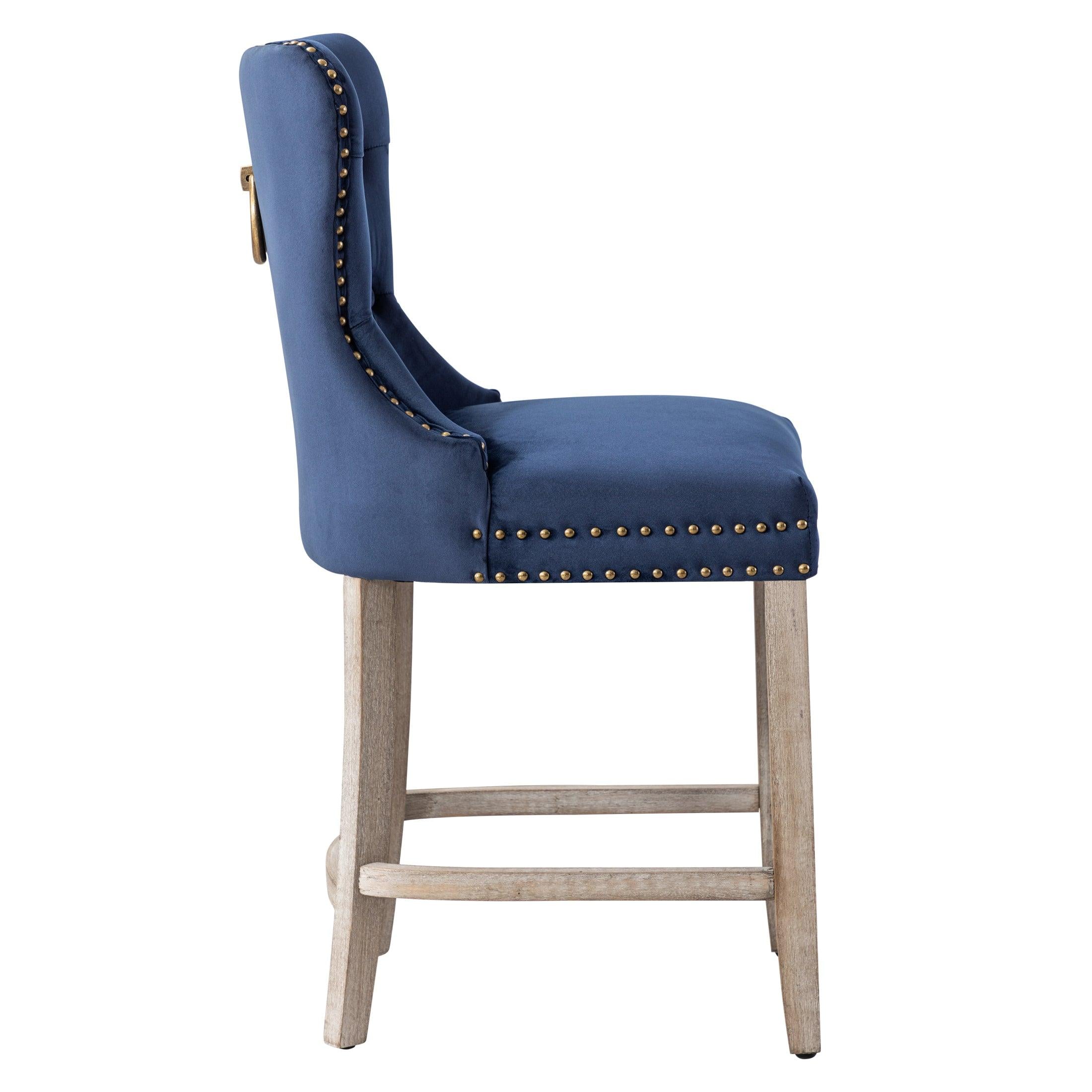 Hank 24" Tufted Velvet Bar Stool, Antique Gray/Velvet Navy Blue