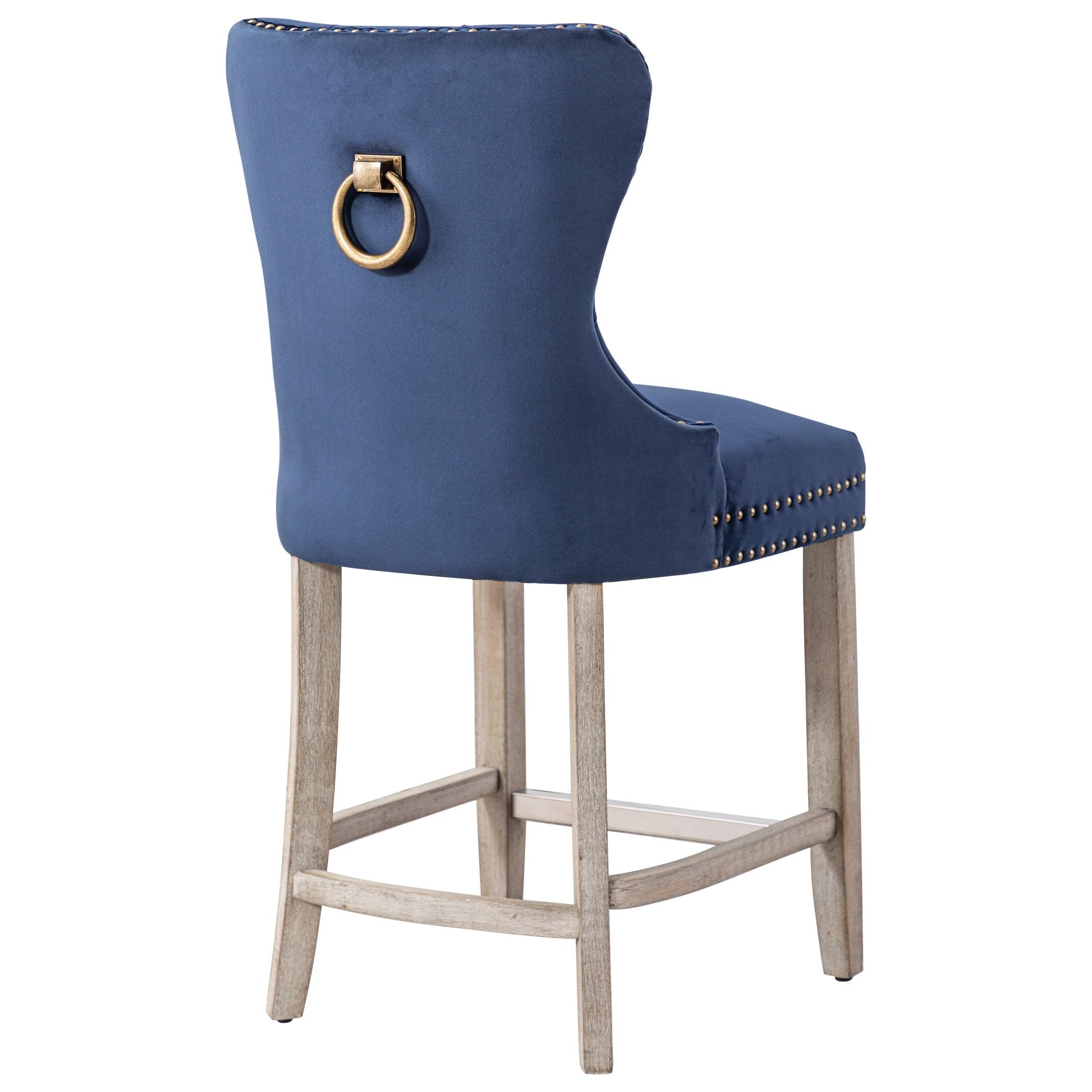 Hank 24" Tufted Velvet Bar Stool, Antique Gray/Velvet Navy Blue