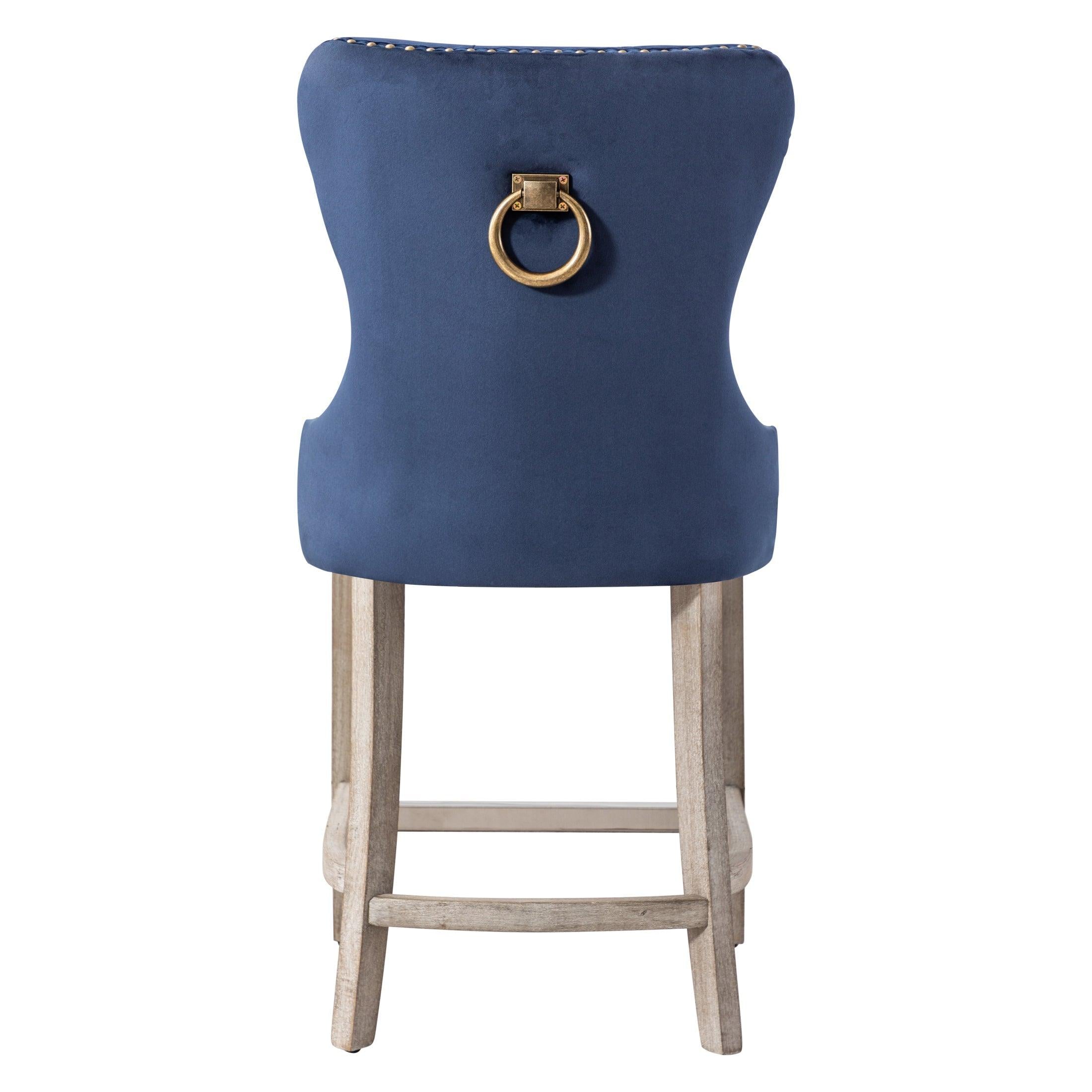 Hank 24" Tufted Velvet Bar Stool, Antique Gray/Velvet Navy Blue