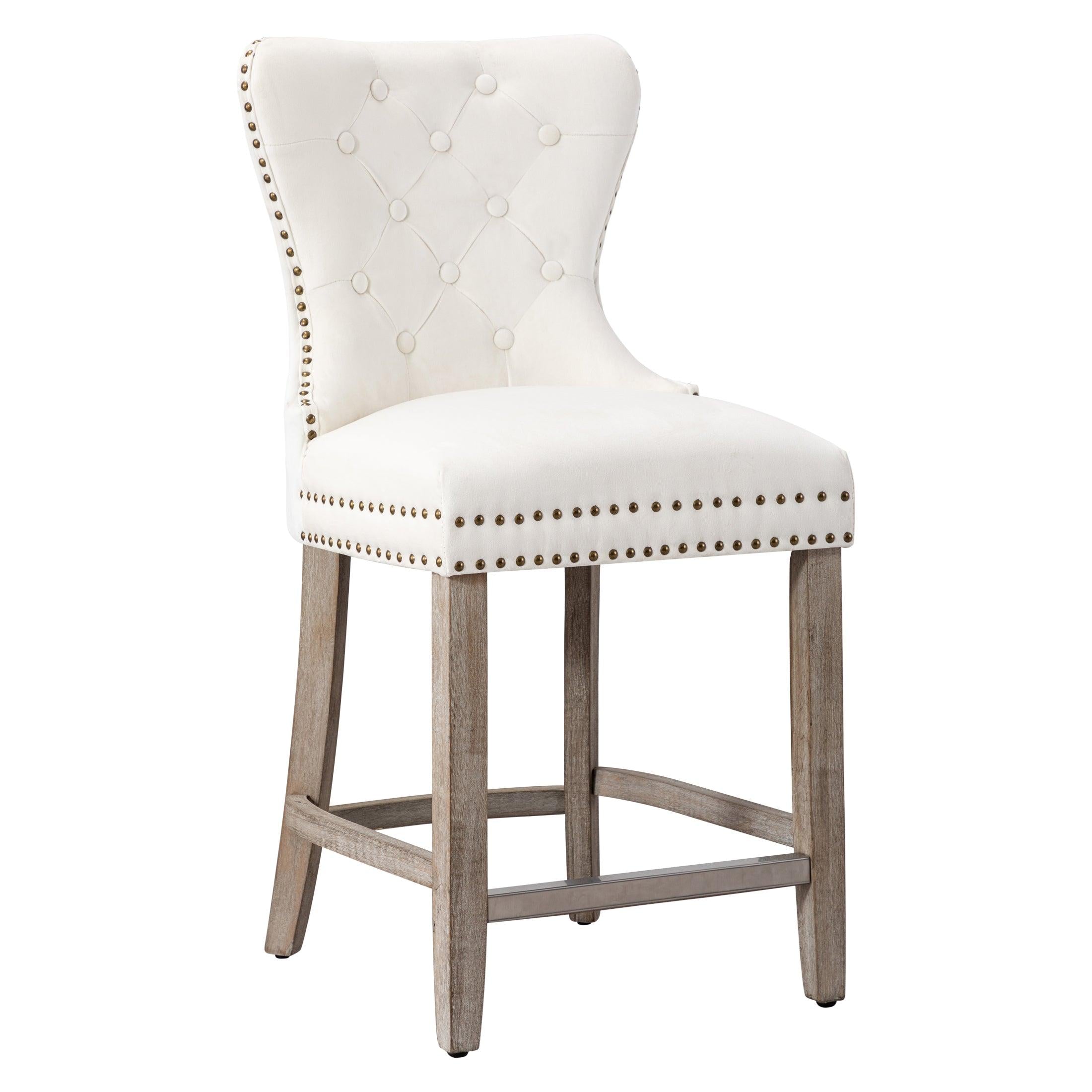 Hank 24" Tufted Velvet Bar Stool, Antique Gray/Velvet Cream