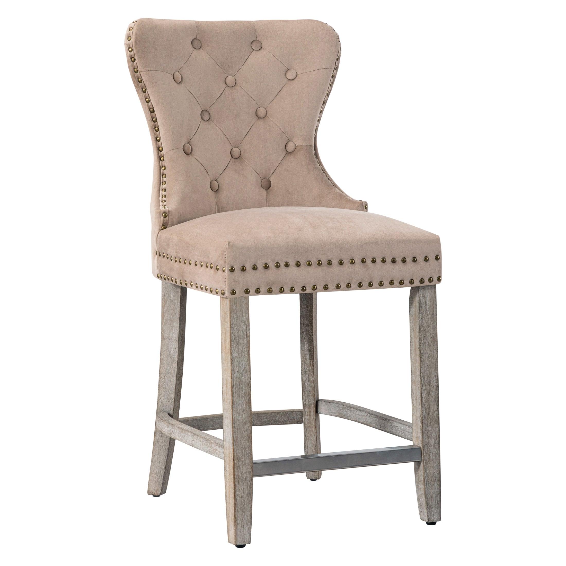 Hank 24" Tufted Velvet Bar Stool, Antique Gray/Velvet Taupe