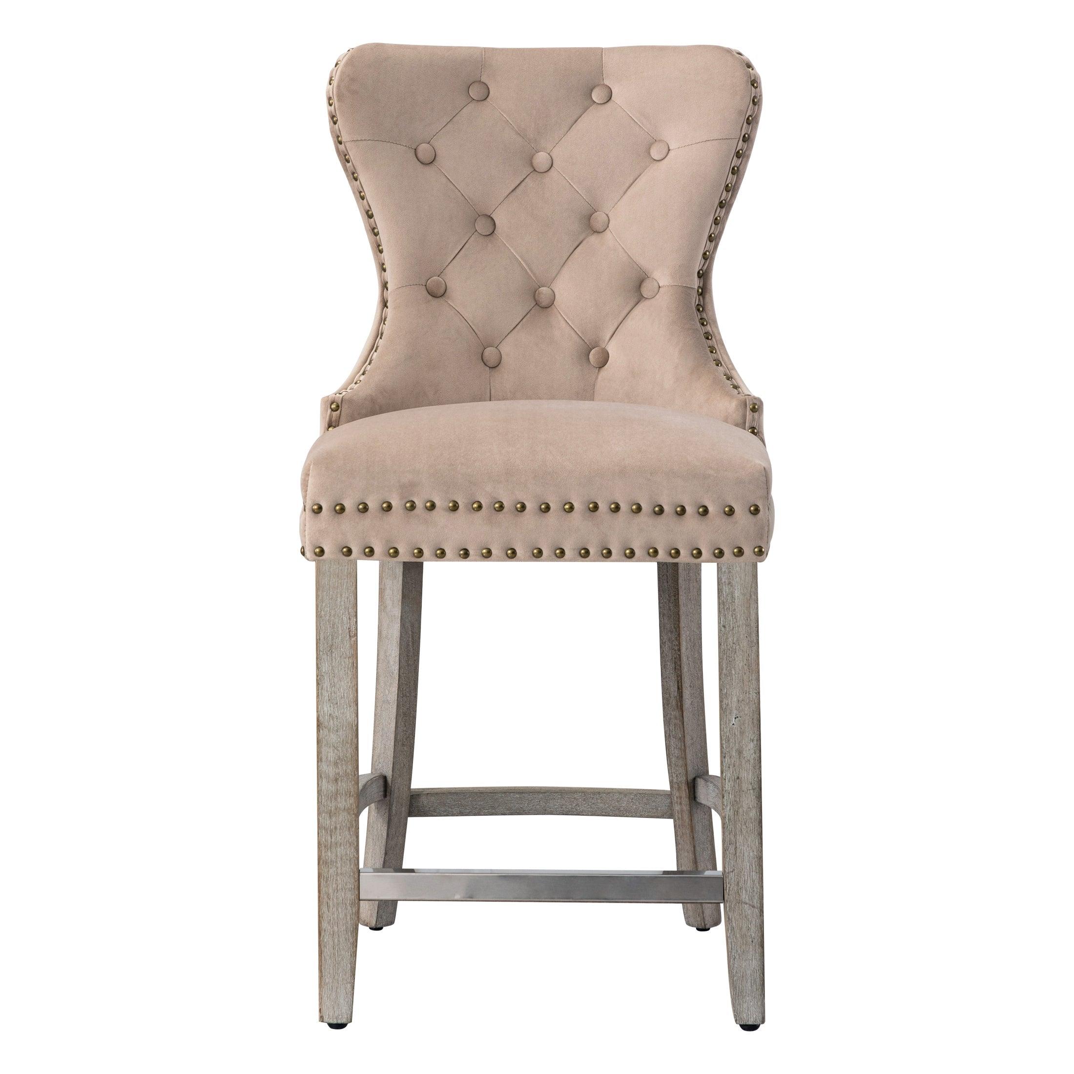 Hank 24" Tufted Velvet Bar Stool, Antique Gray/Velvet Taupe