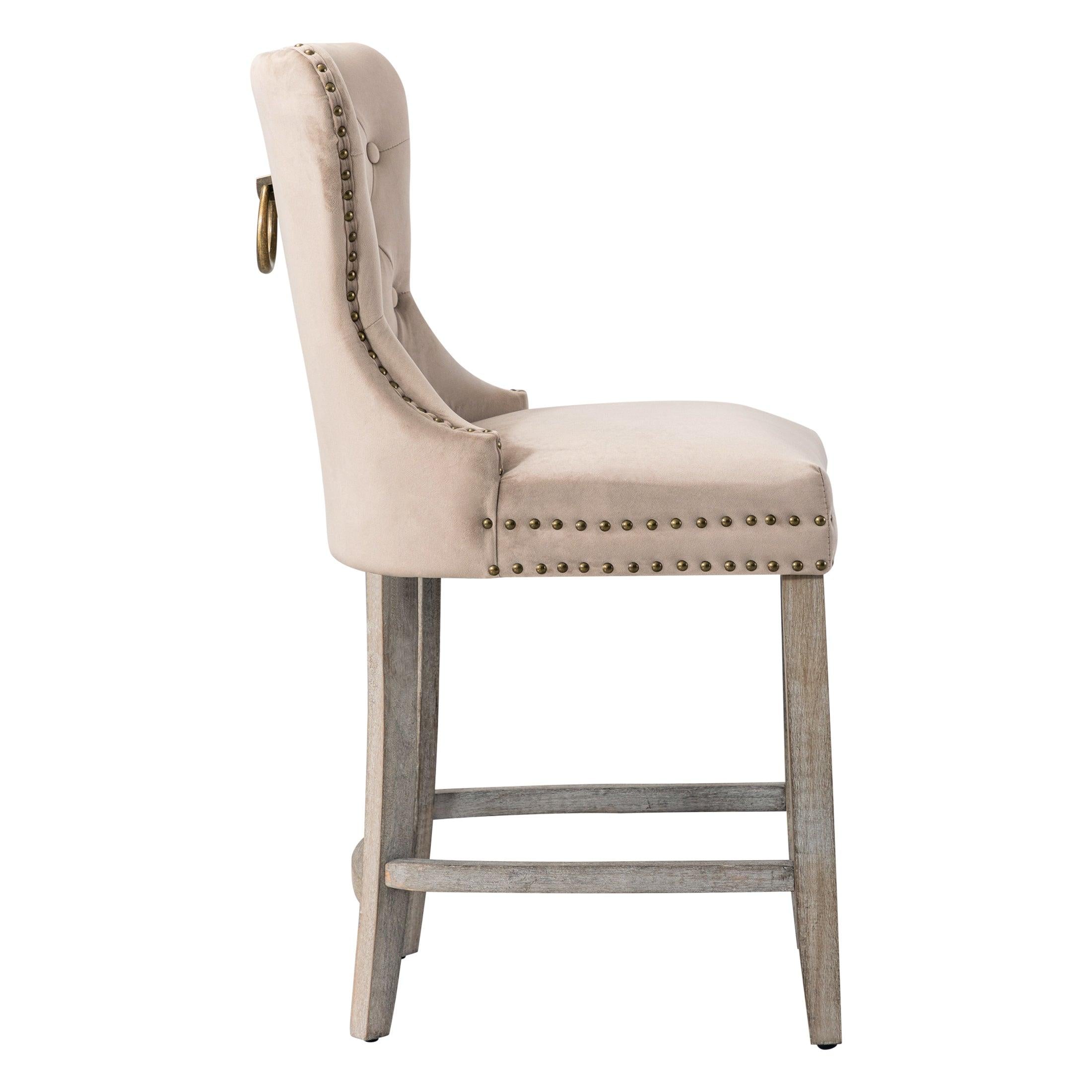 Hank 24" Tufted Velvet Bar Stool, Antique Gray/Velvet Taupe