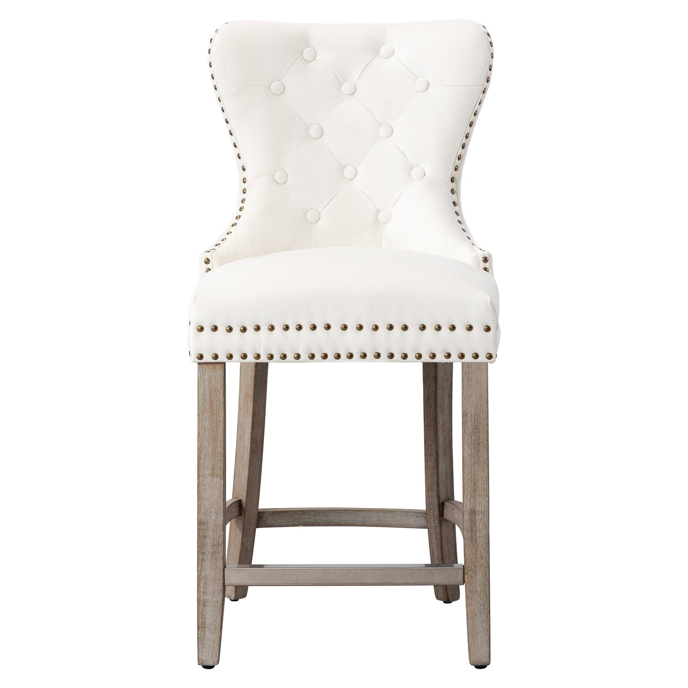 Hank 24" Tufted Velvet Bar Stool, Antique Gray/Velvet Cream