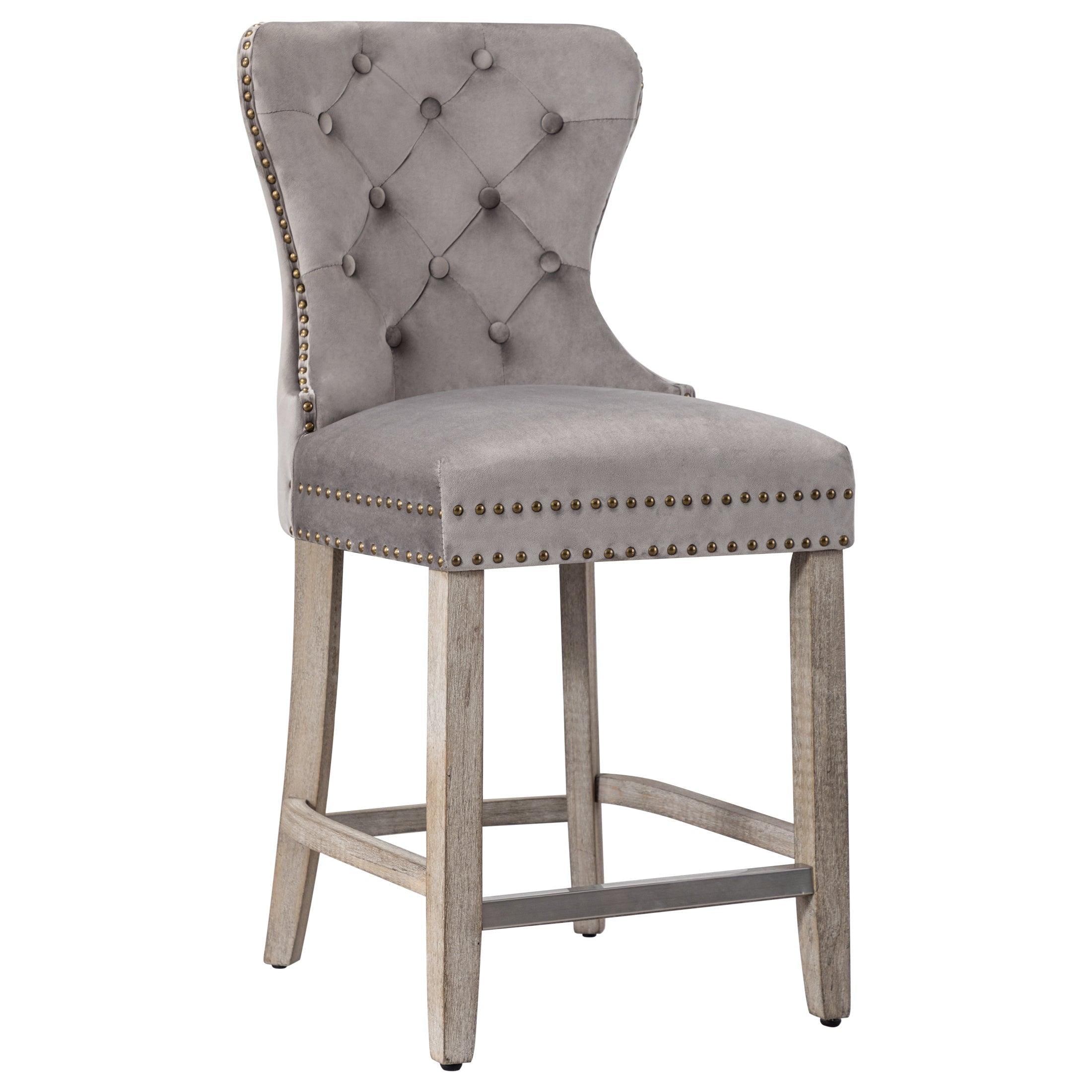 Hank 24" Tufted Velvet Bar Stool, Antique Gray/Velvet Gray