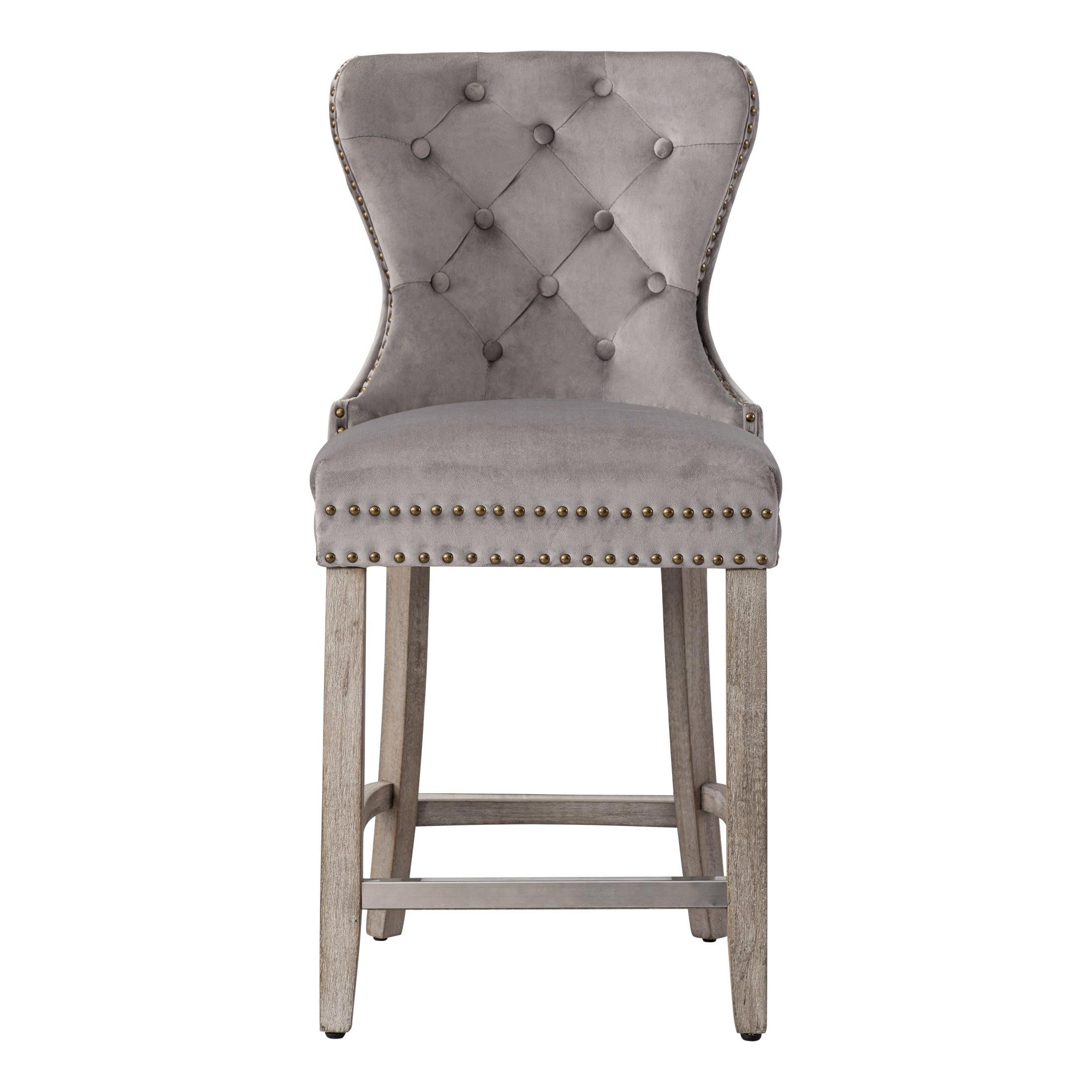 Hank 24" Tufted Velvet Bar Stool, Antique Gray/Velvet Gray