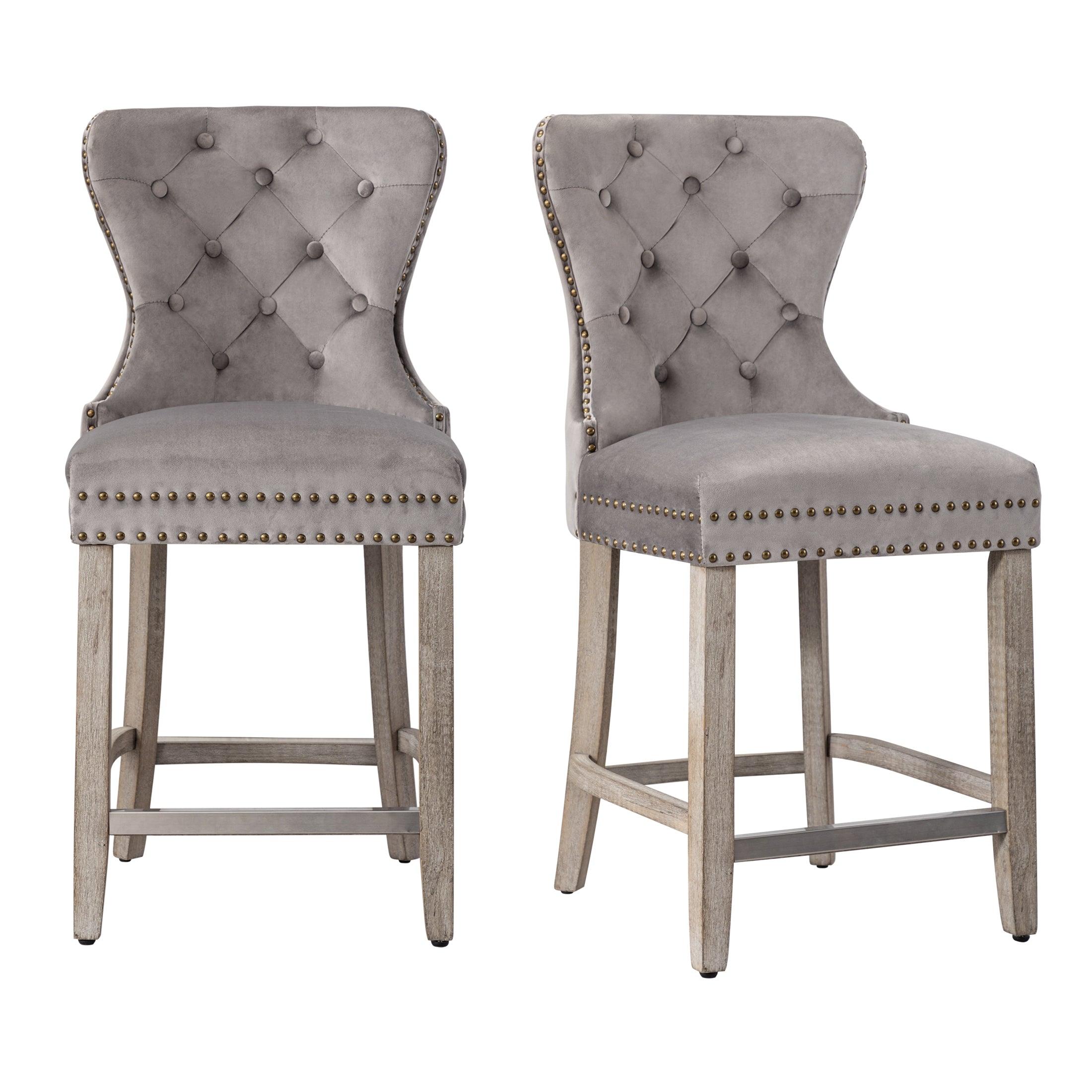 Hank 24" Tufted Velvet Bar Stool (Set of 2), Antique Gray/Velvet Gray