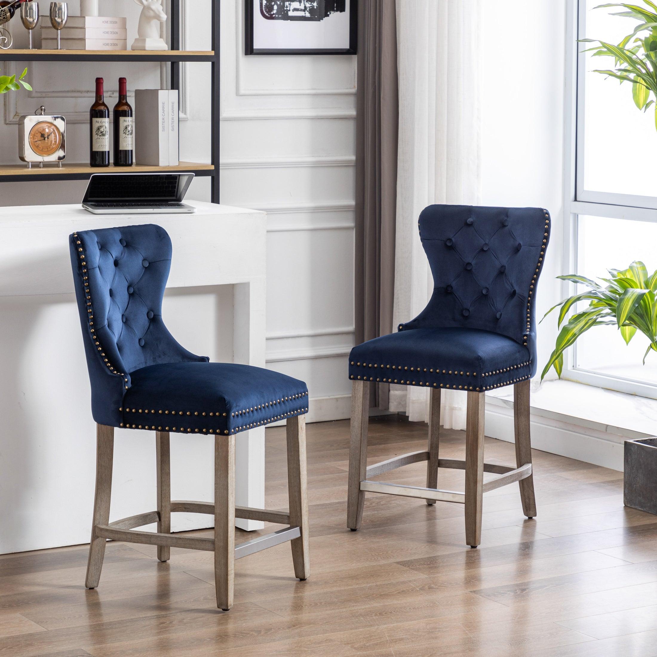 Hank 24" Tufted Velvet Bar Stool (Set of 2), Antique Gray/Velvet Navy Blue