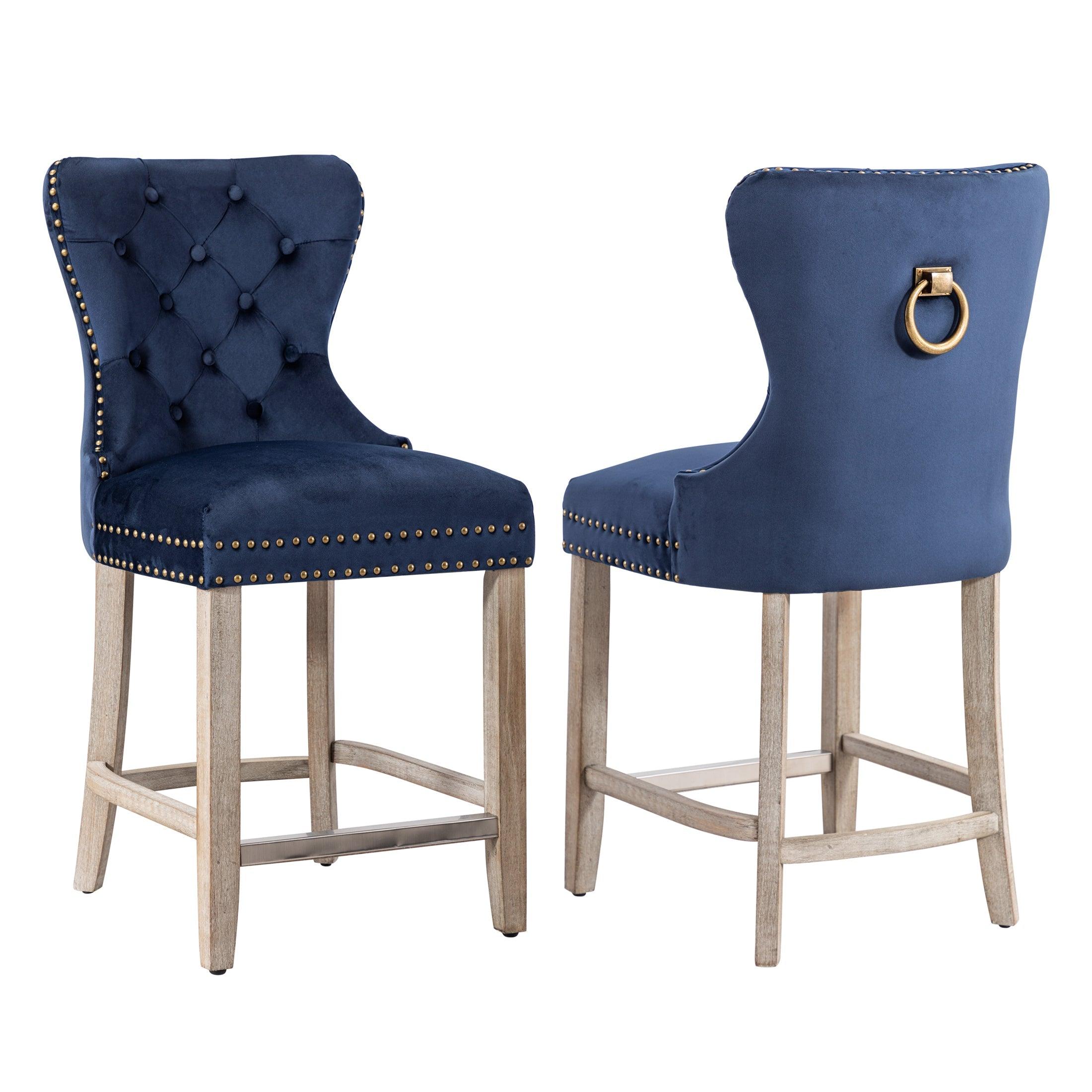 Hank 24" Tufted Velvet Bar Stool (Set of 2), Antique Gray/Velvet Navy Blue