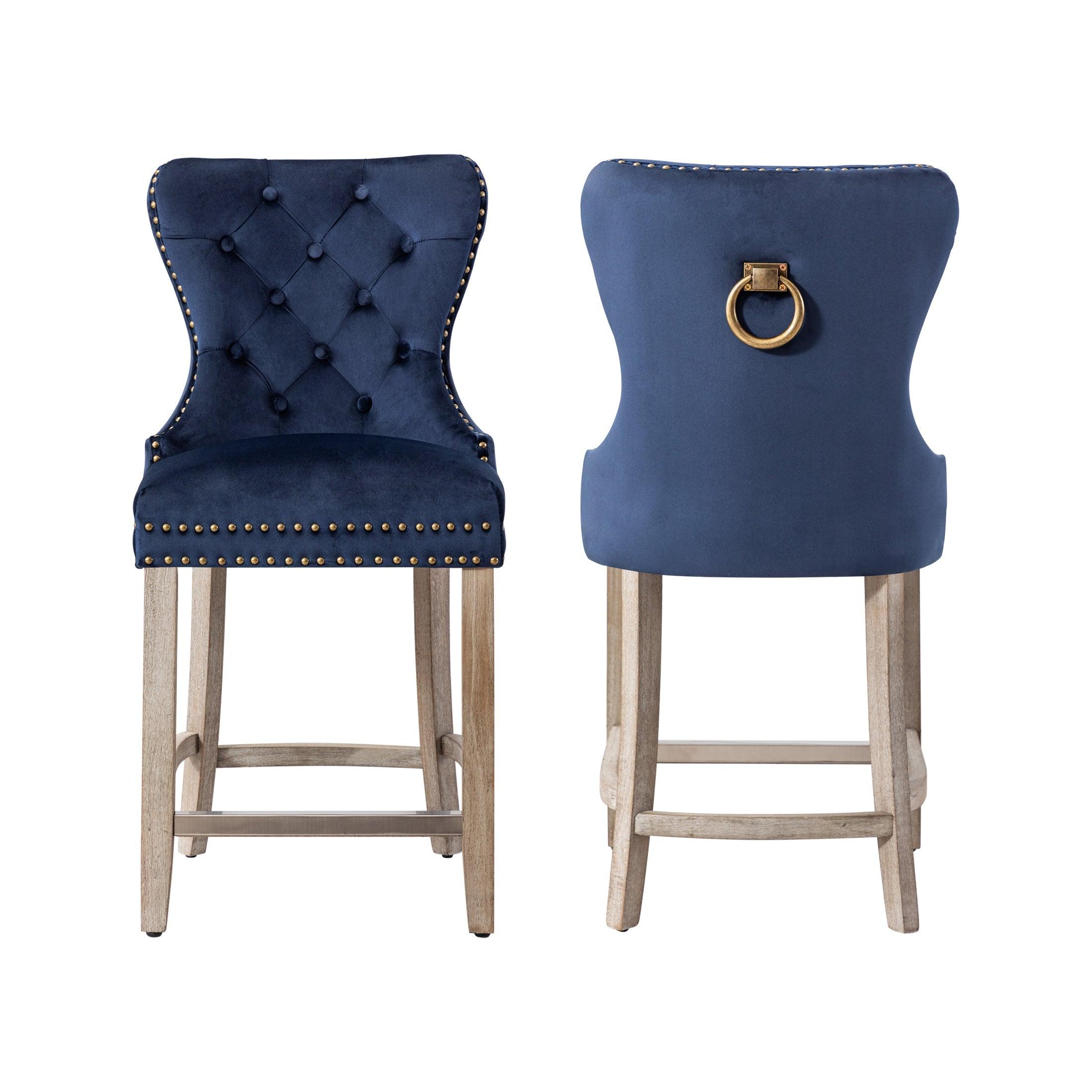 Hank 24" Tufted Velvet Bar Stool (Set of 2), Antique Gray/Velvet Navy Blue