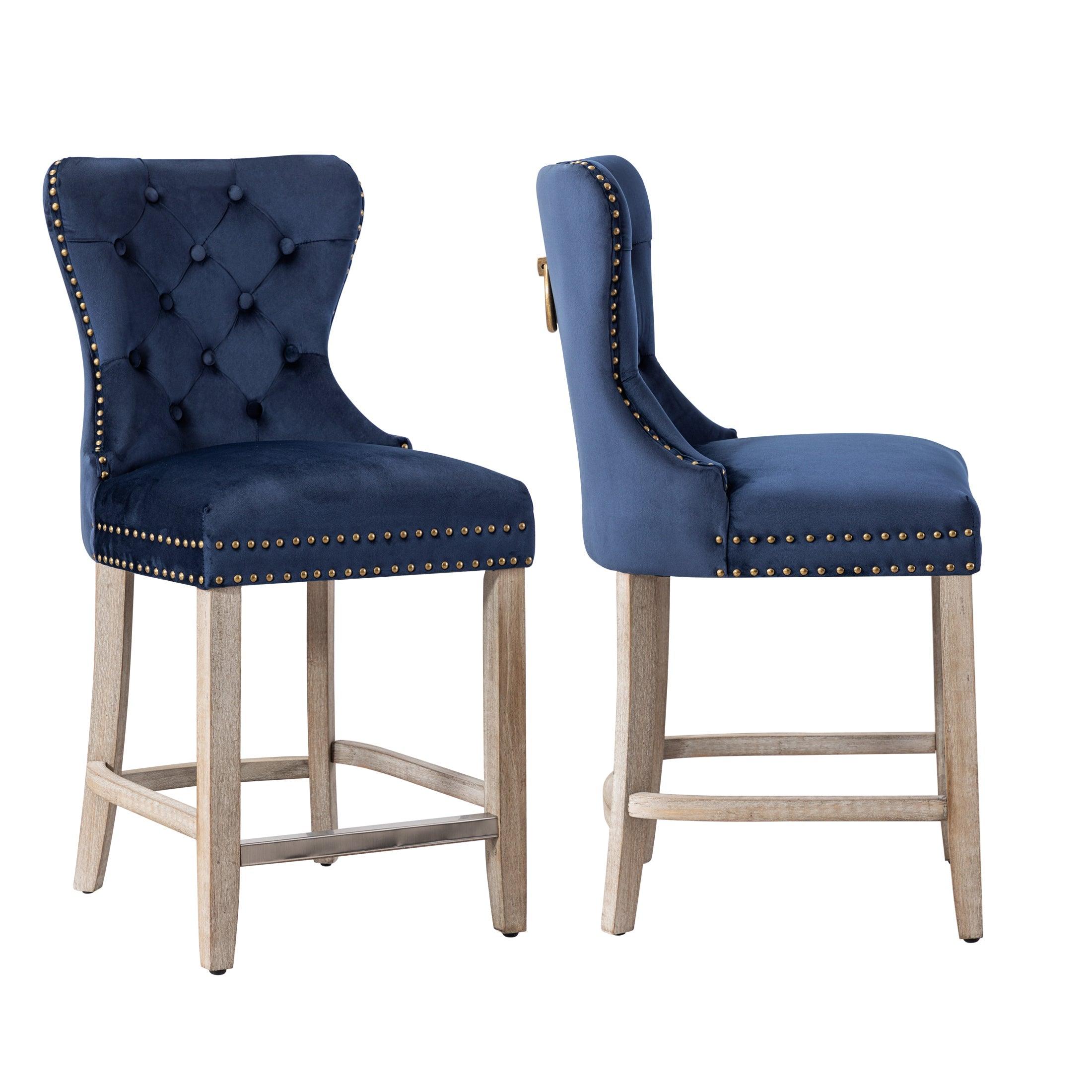 Hank 24" Tufted Velvet Bar Stool (Set of 2), Antique Gray/Velvet Navy Blue