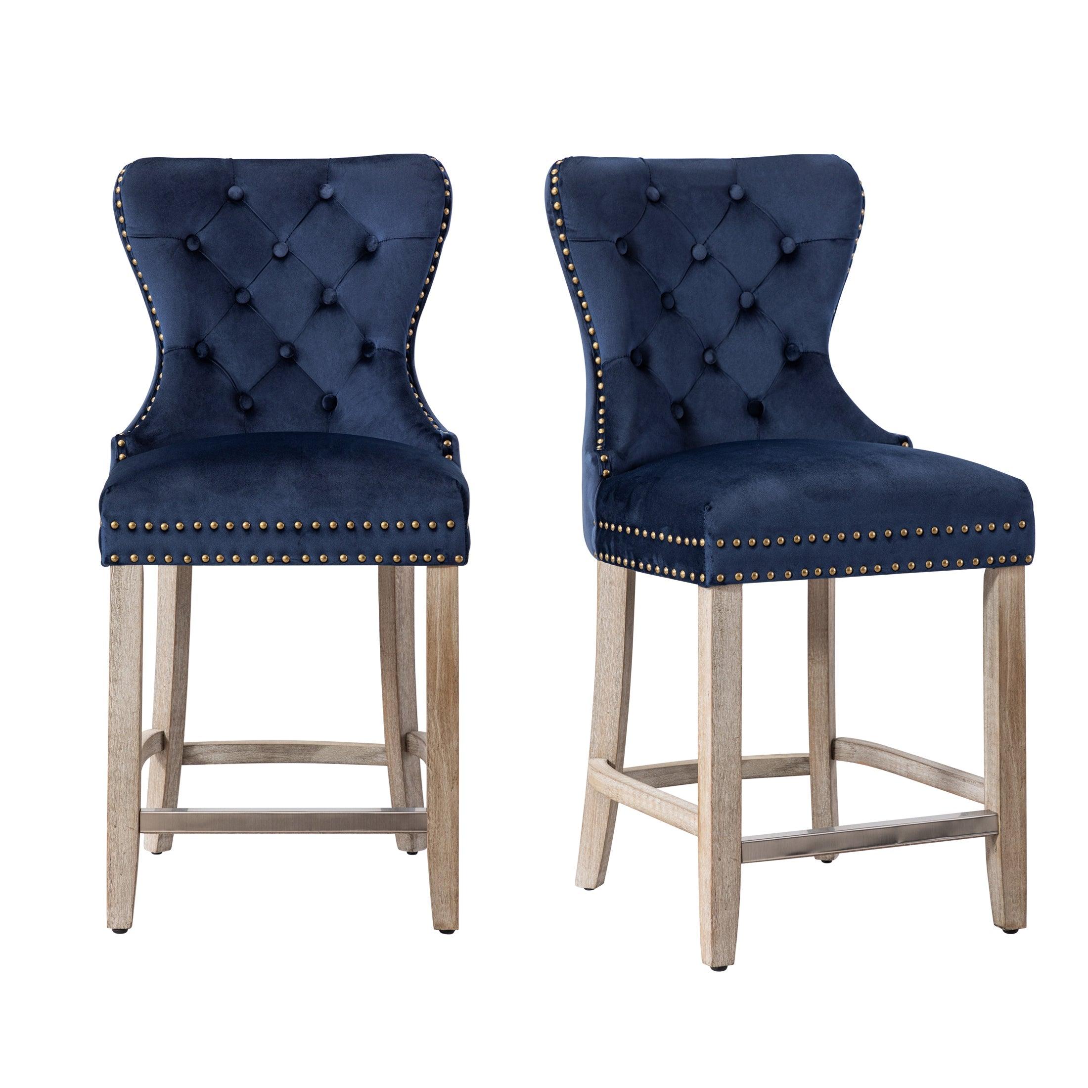 Hank 24" Tufted Velvet Bar Stool (Set of 2), Antique Gray/Velvet Navy Blue