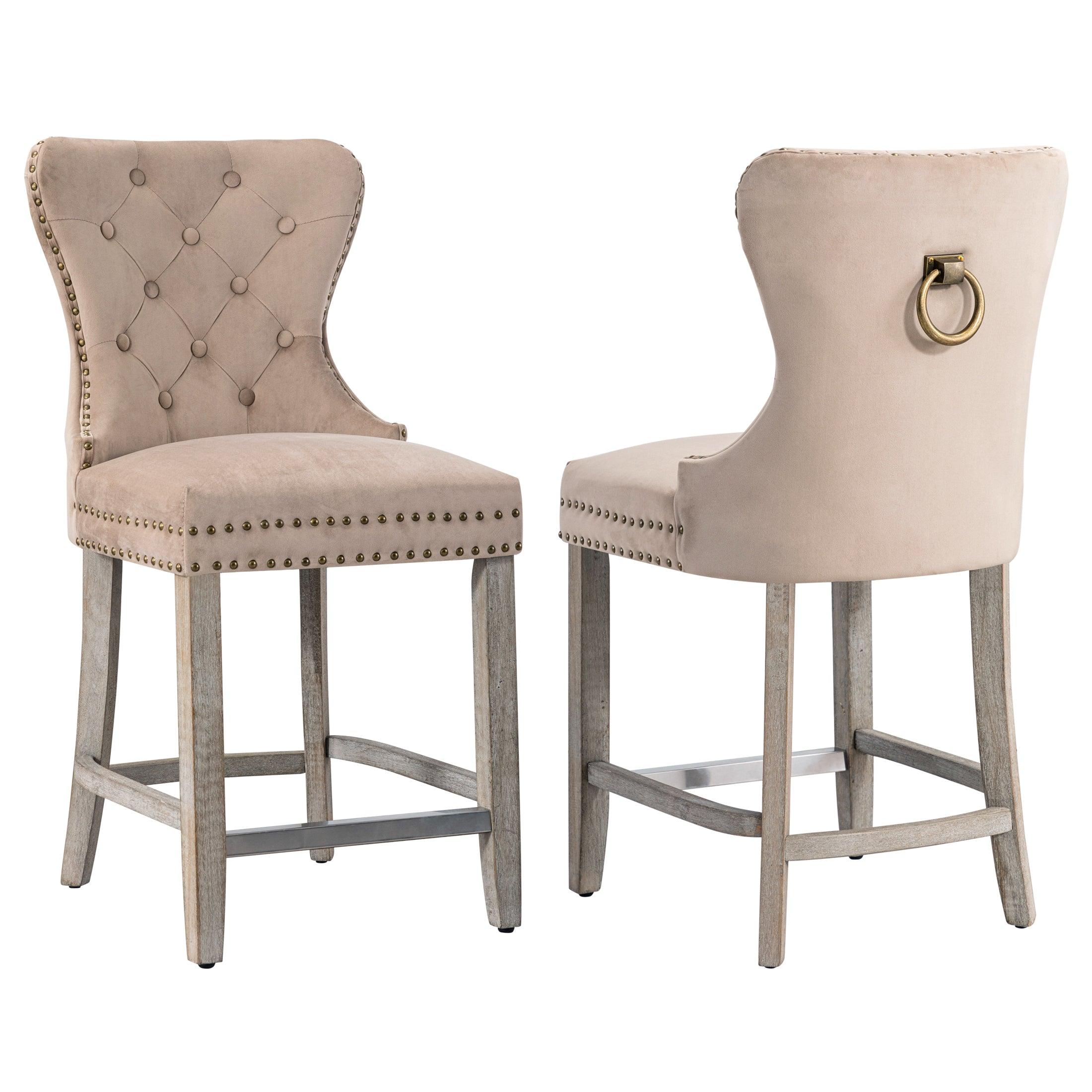 Hank 24" Tufted Velvet Bar Stool (Set of 2), Antique Gray/Velvet Taupe