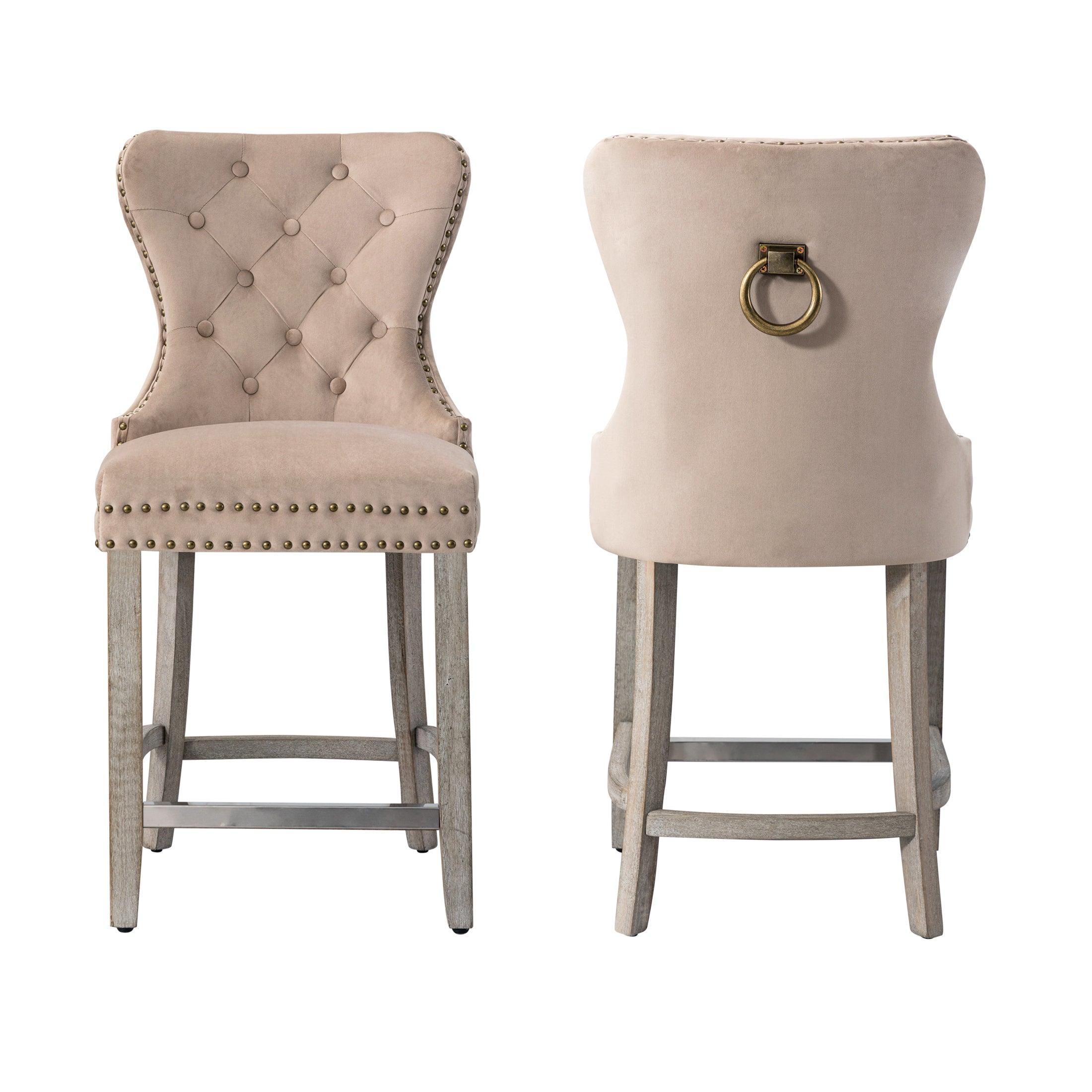 Hank 24" Tufted Velvet Bar Stool (Set of 2), Antique Gray/Velvet Taupe