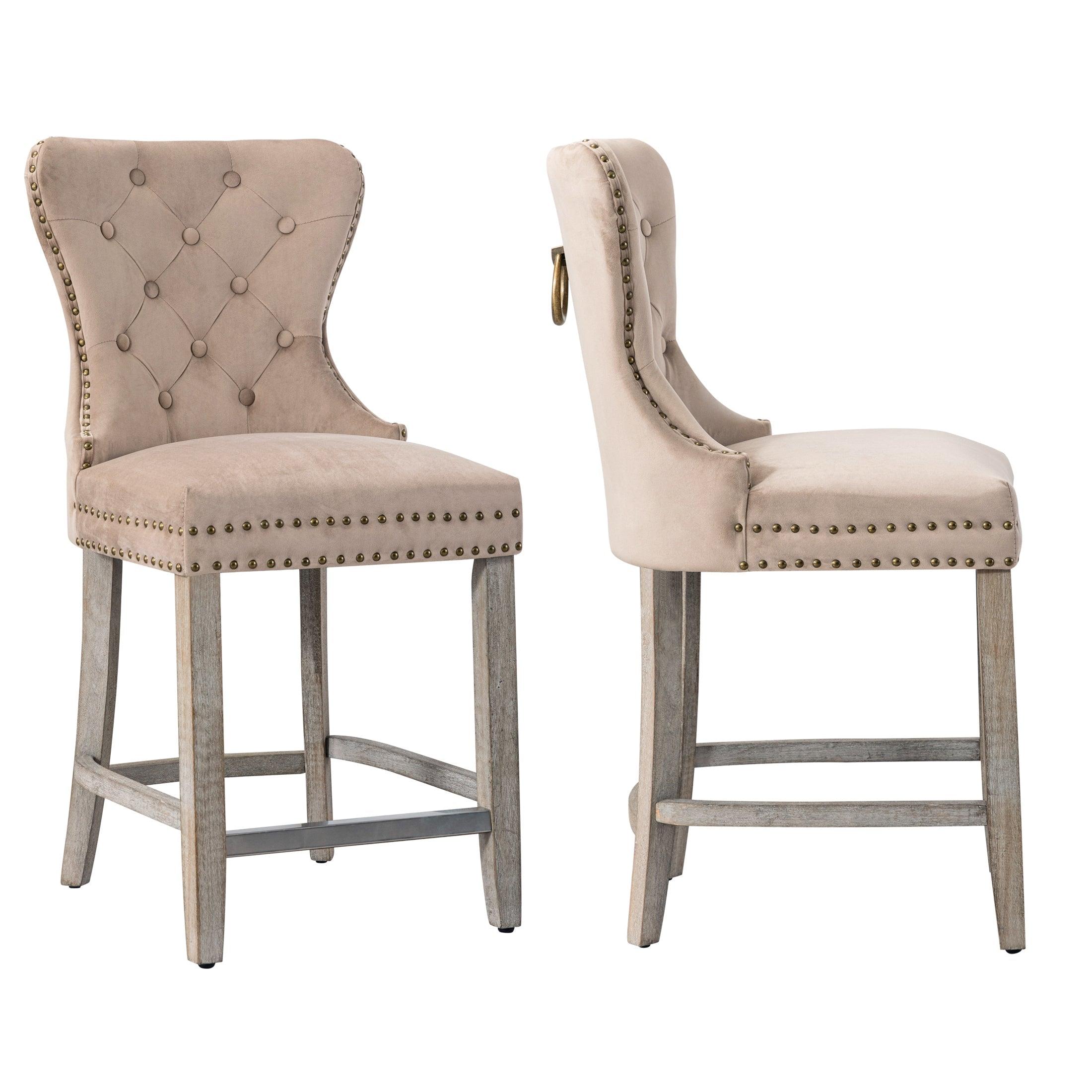 Hank 24" Tufted Velvet Bar Stool (Set of 2), Antique Gray/Velvet Taupe