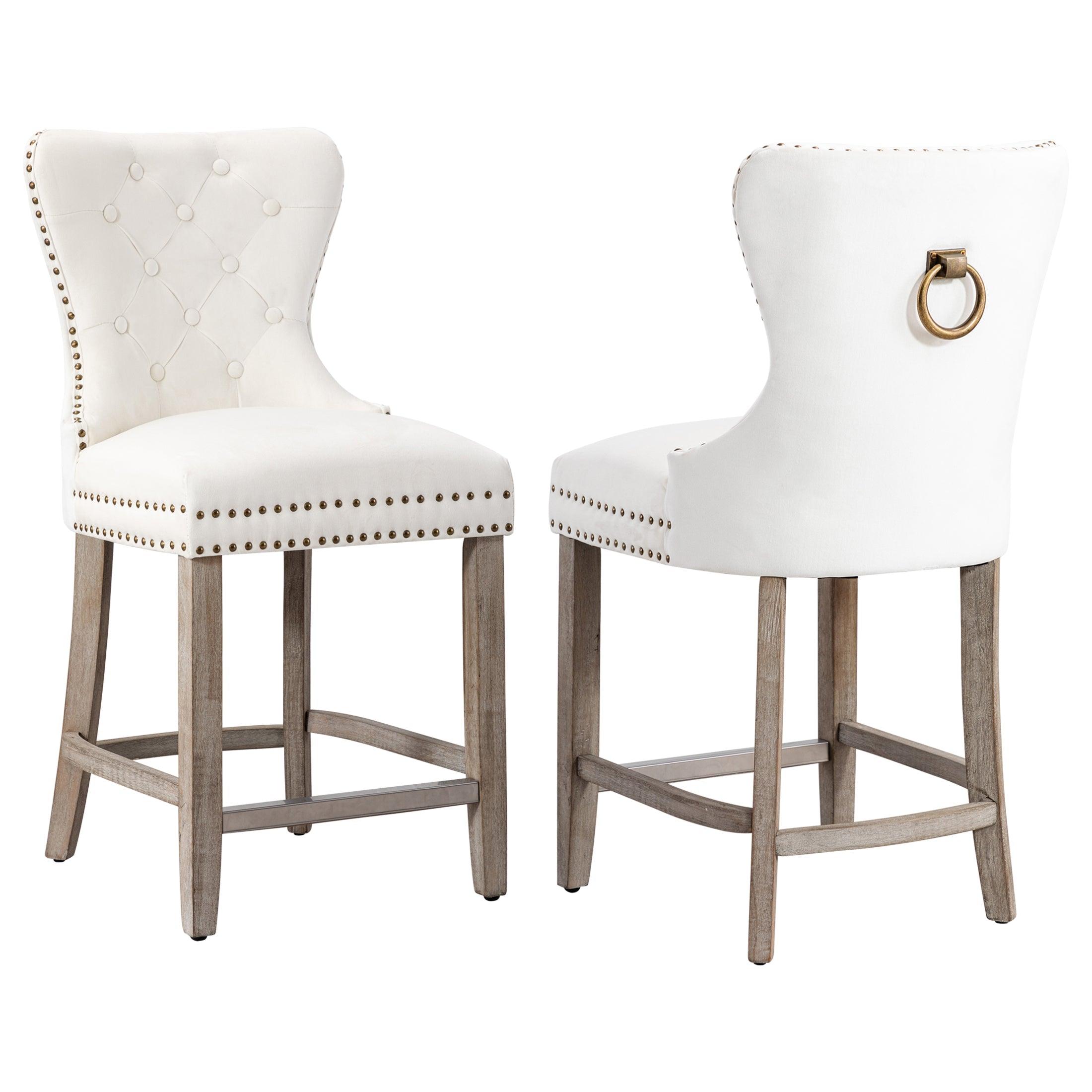 Hank 24" Tufted Velvet Bar Stool (Set of 2), Antique Gray/Velvet Cream