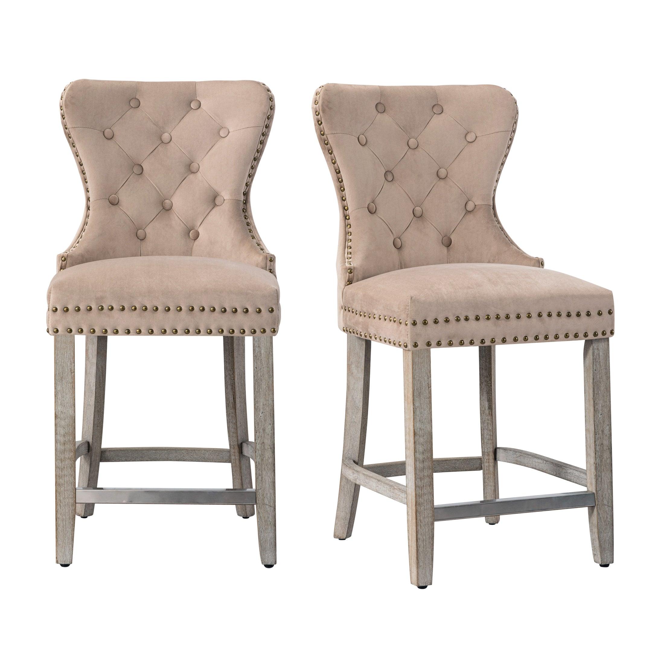 Hank 24" Tufted Velvet Bar Stool (Set of 2), Antique Gray/Velvet Taupe